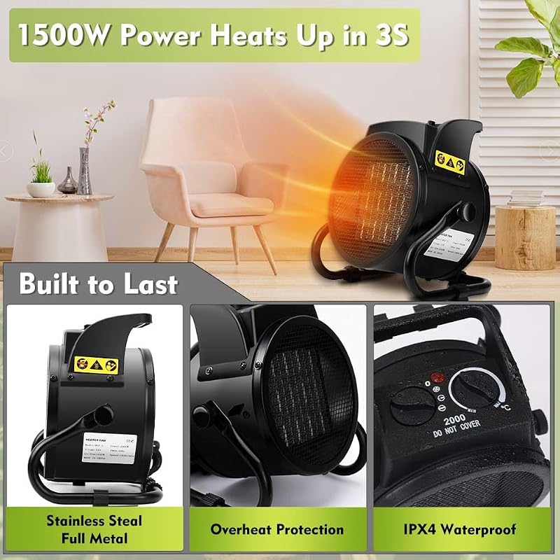 Greenhouse Heater with Thermostat, 1500W Electric Heater Auto Temperature Control Kit Digital Display, Fast Heating, Overheat Protection, for Grow Tent, Greenhouse, Flower Room, Winter Plants, Patio image 3