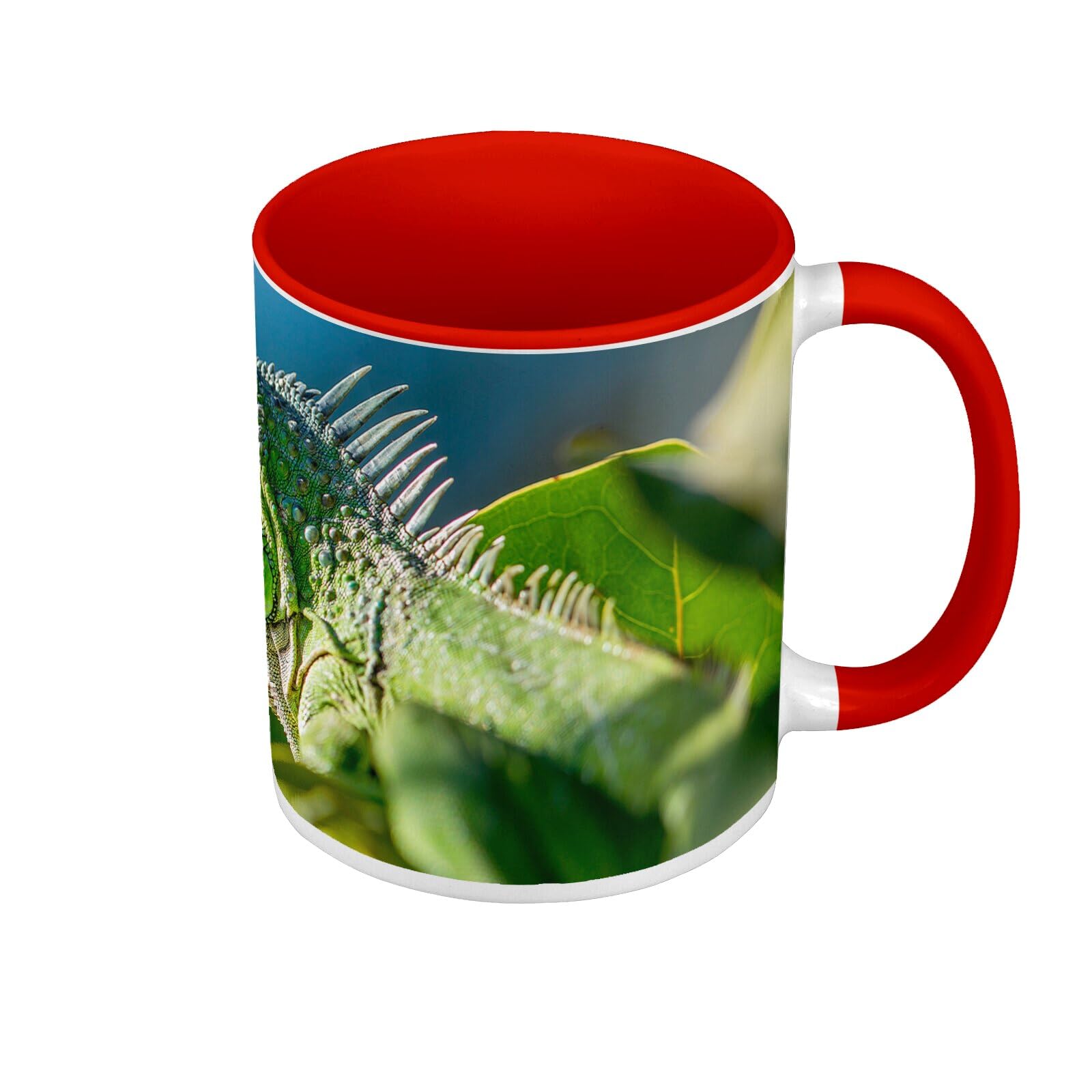 Premium Quality Colour Mug Red – Green Iguana on Branch – Mug with Handle and Coloured Interior