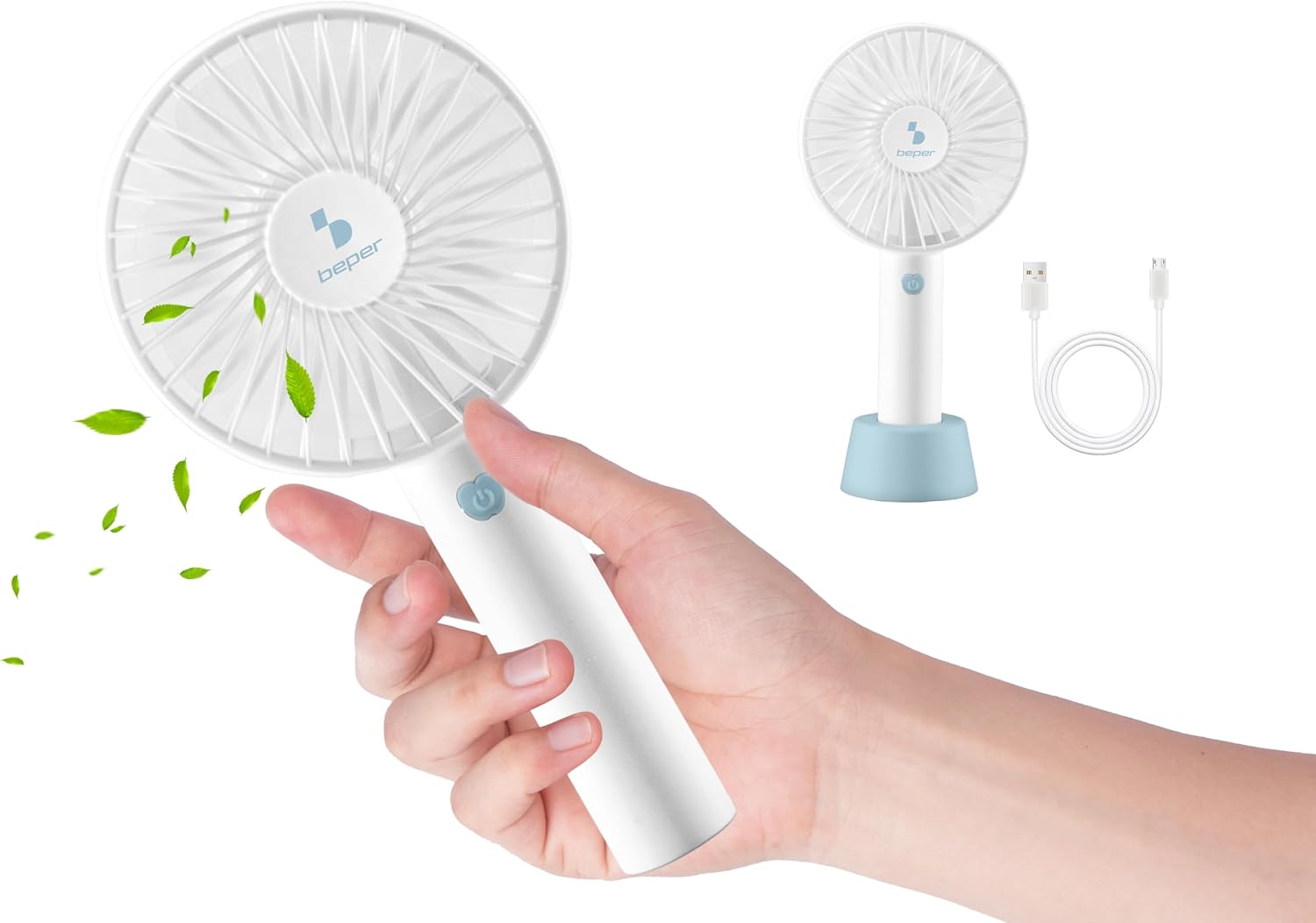 BEPER P206VEN401 Mini Ventilatore Portatile Ricaricabile, 3 Velocità, Silenzioso, Base d’Appoggio e Cavo USB inclusi, Bianco