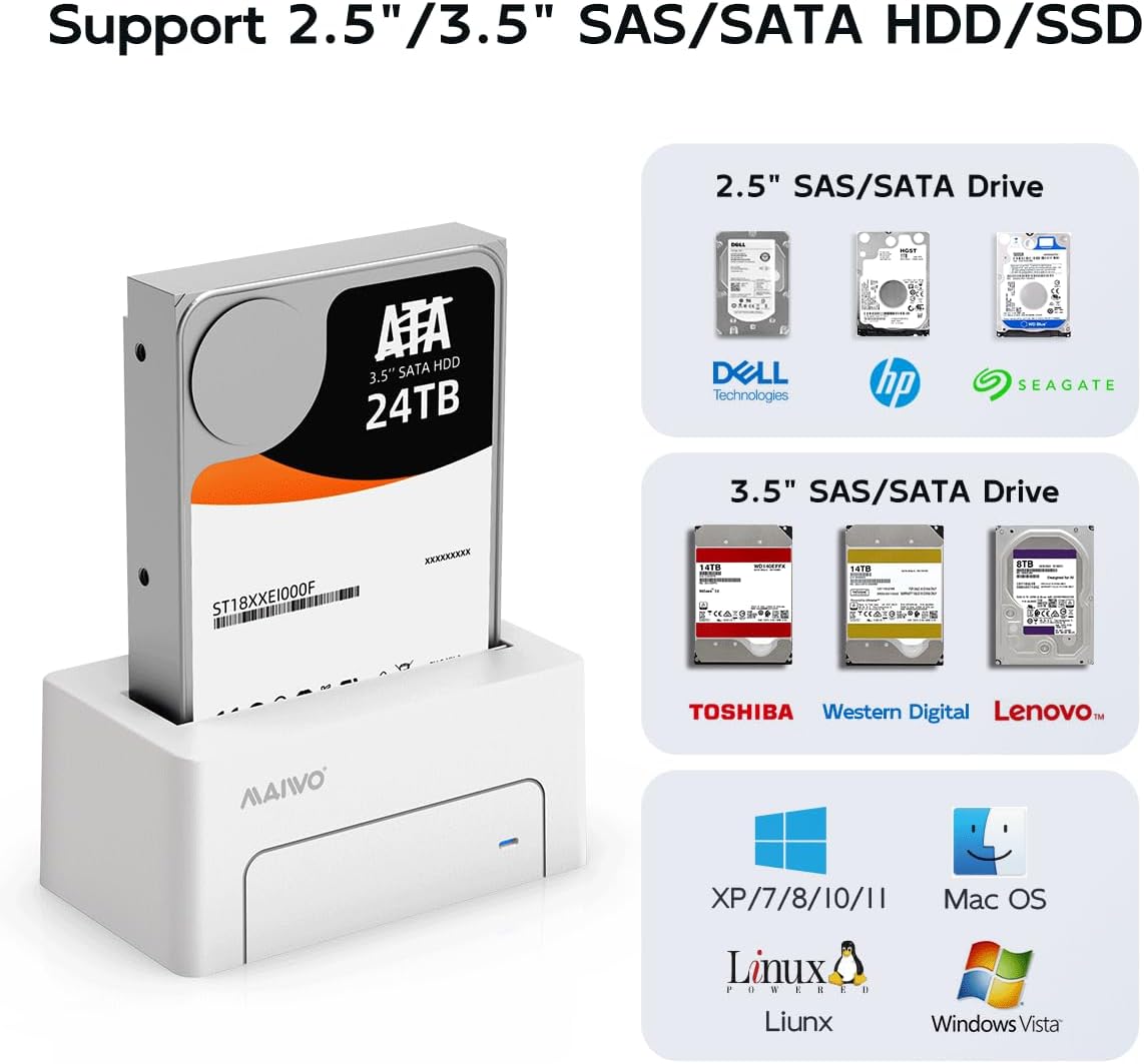 MAIWO SAS to USB 3.0 Adapter, 2.5 3.5 Inch SAS SATA HDD SSD Enclosure, 24TB Capacity, External Hard Drive Reader Docking Station with 12V 2A Power Adapter, Tool Free (White) - Image 8