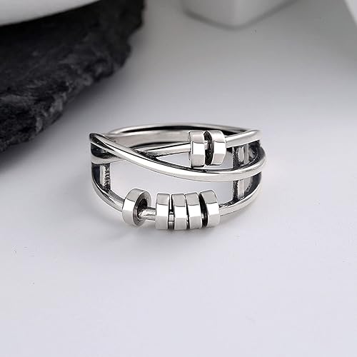 Vista 7 de Anillo de plata de ley 925 antiansiedad para mujeres y hombres, anillo de alivio de la ansiedad con cuentas, anillos giratorios para ansiedad