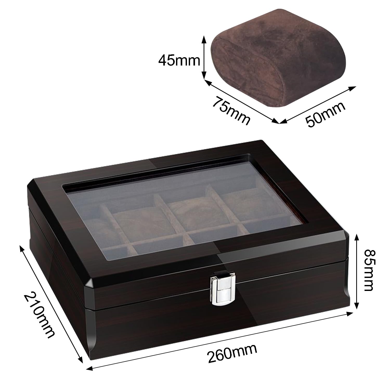 Caja de reloj con 8 ranuras, organizador de caja de reloj, tapa de cristal grande, caja de reloj clásica de ébano para hombres, caja de exhibición de reloj con almohada extraíble, regalo para