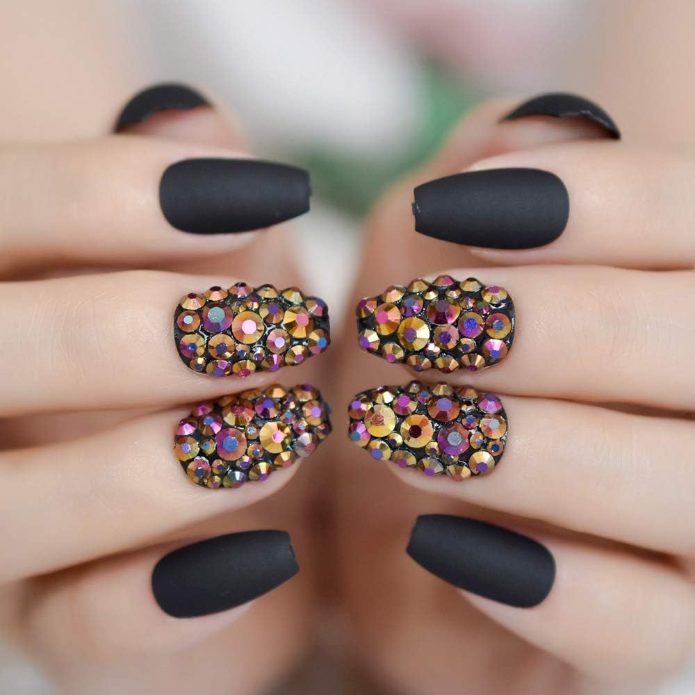 Coolnail 3D Rose Black Metallic Rhinestones Frosted Ballerina Coffin False Nail Tips Matte Black Pre-design Flat Top Fake Nails Tips