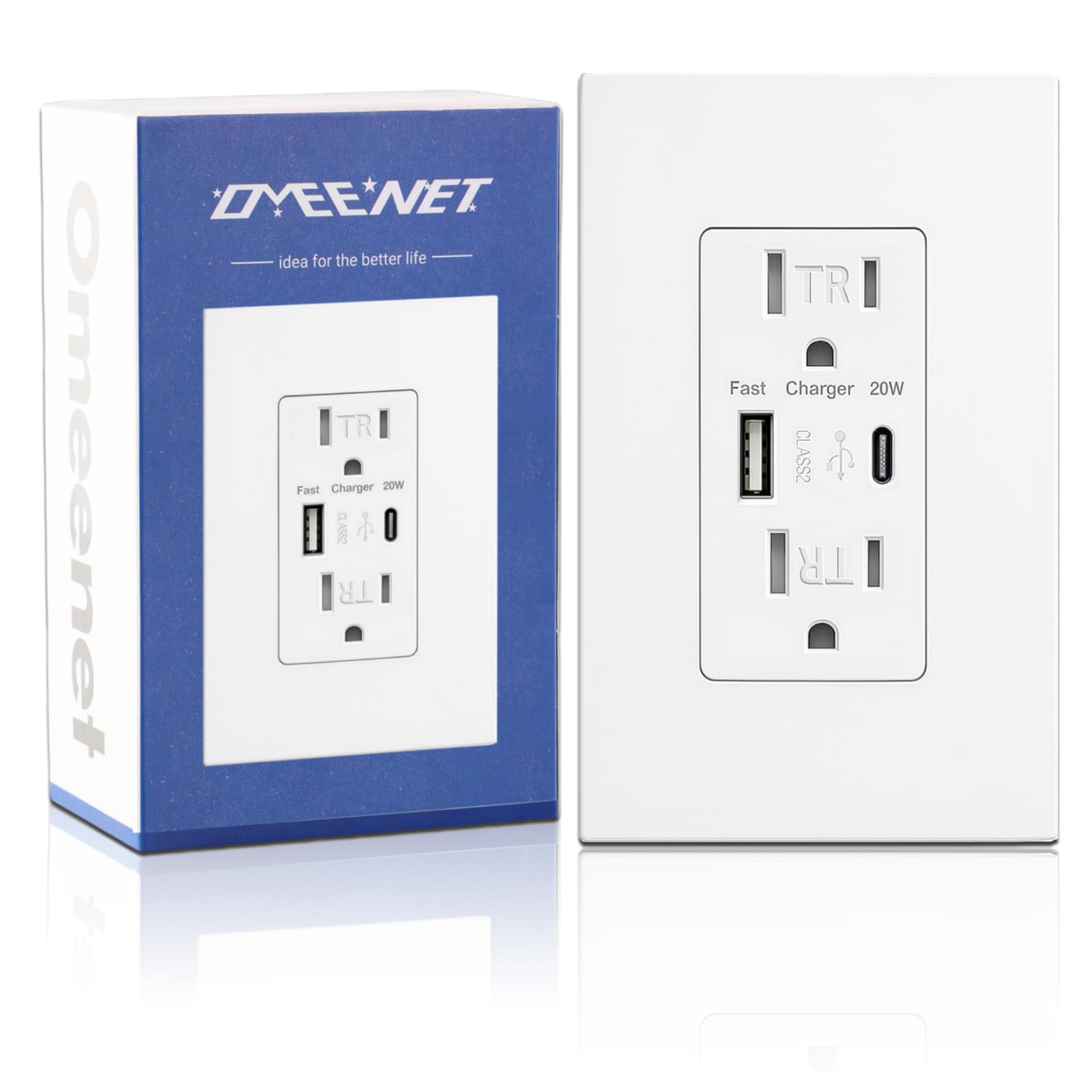 OMEENET USB Wall Outlet with 20W Fast Charging, Type-C & Type-A Dual Ports USB Outlets, Tamper-Resistant USB Receptacle, Screwless Wall Plate, 15A ETL