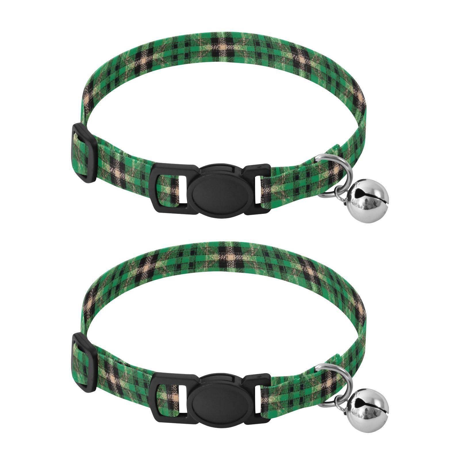 Plaid Check Green Tartan Comfortable Cat Collar, 2 Pack Small Dog Collar with Bell
