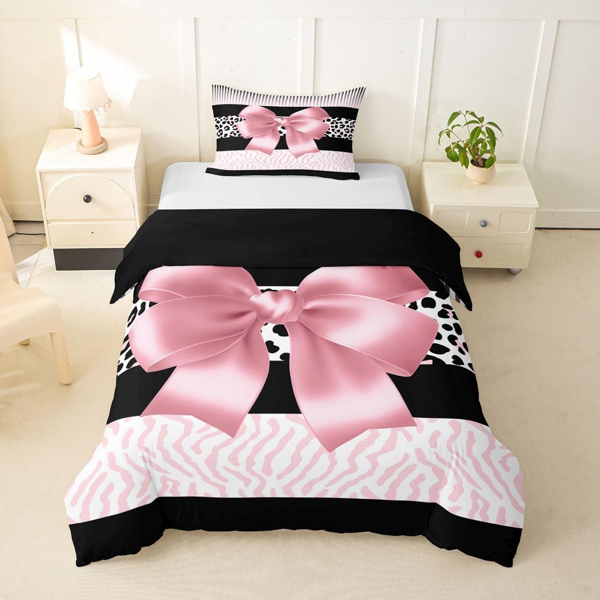 jejeloiu Black Pink Zebra Leopard Bowknot Print Duvet Cover Toddler Size Wild Animals Bedding Set for Boys Girls Geometric Striped Comforter Cover 2Pcs Zipper Closure with 1 Pillowcase (NO Comforter)