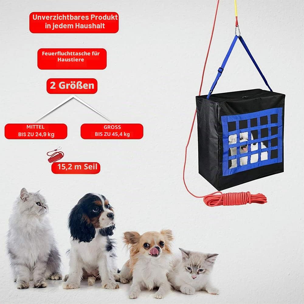 ISOP Feuerrettungstasche für Hunde oder Katzen – Fluchttasche durch Fenster oder Balkonseil 15m und Karabiner inklusive (mittel) - Rettungstasche für Feuer - Evakuierungstasche, sicher, praktisch