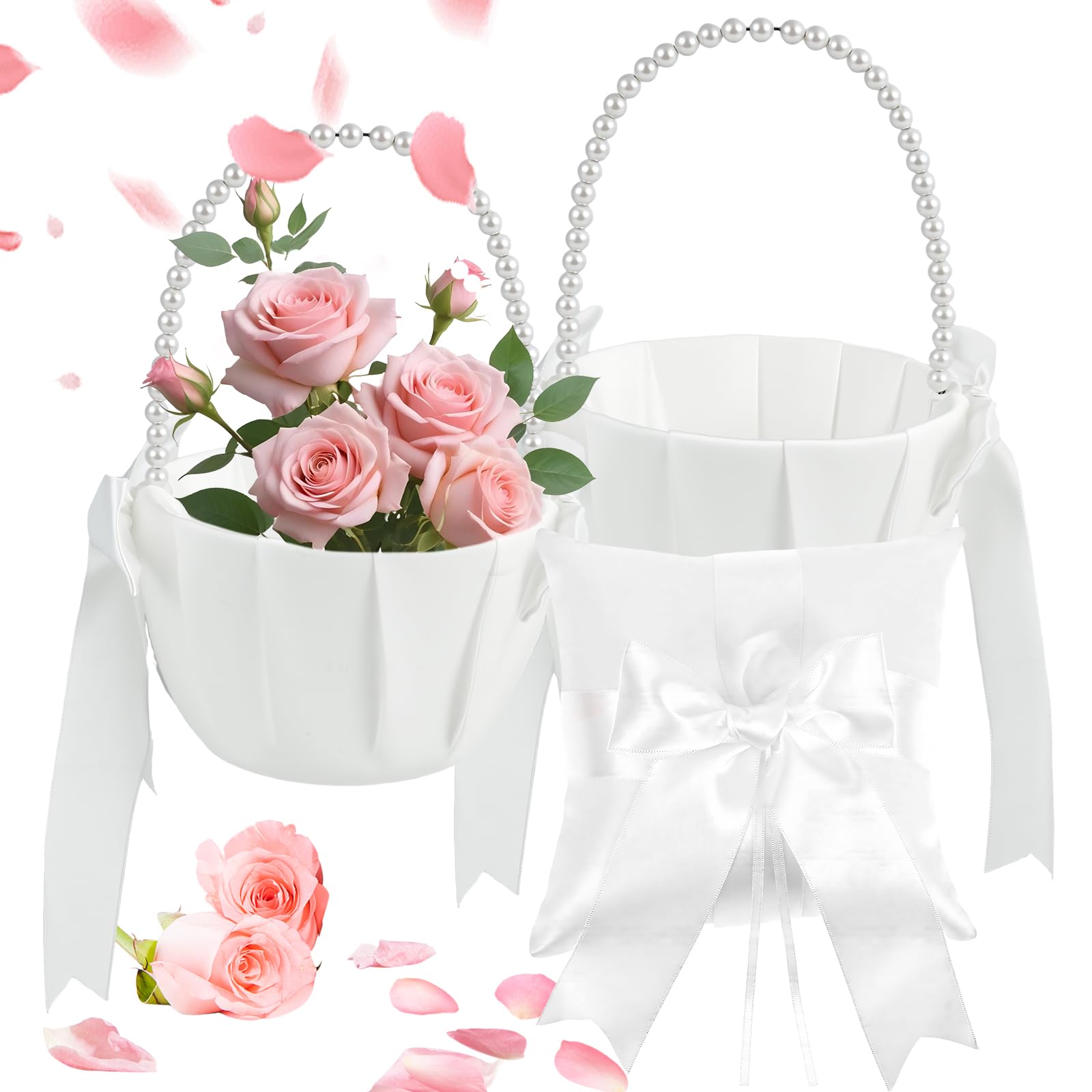 Flower Girl Basket and Ring Bearer Pillow Set for Weddings, White Satin Wedding Basket with Pearl Handle & Silk Bows, Flower Petal Baskets for Church Ceremonies, Outdoor Weddings Decor(White)