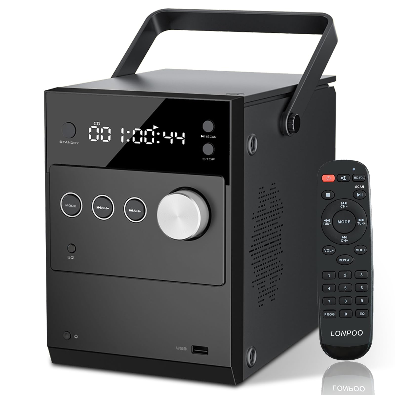 Portable CD Player Boombox | 20W Clear Stereo System | FM Radio/Bluetooth/USB/AUX Input | 3.5mm MIC & Headphone Port | Rechargeable Battery for Outside | Remote Control (Black)