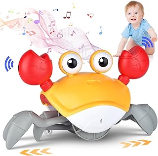 Crawling Crab Baby Toy,Infant Electronic Walking Crab with Music LED Light Up and Automatically Avoid Obstacles,Baby Interactive Learning Toy for Boys Girls Gift Yellow