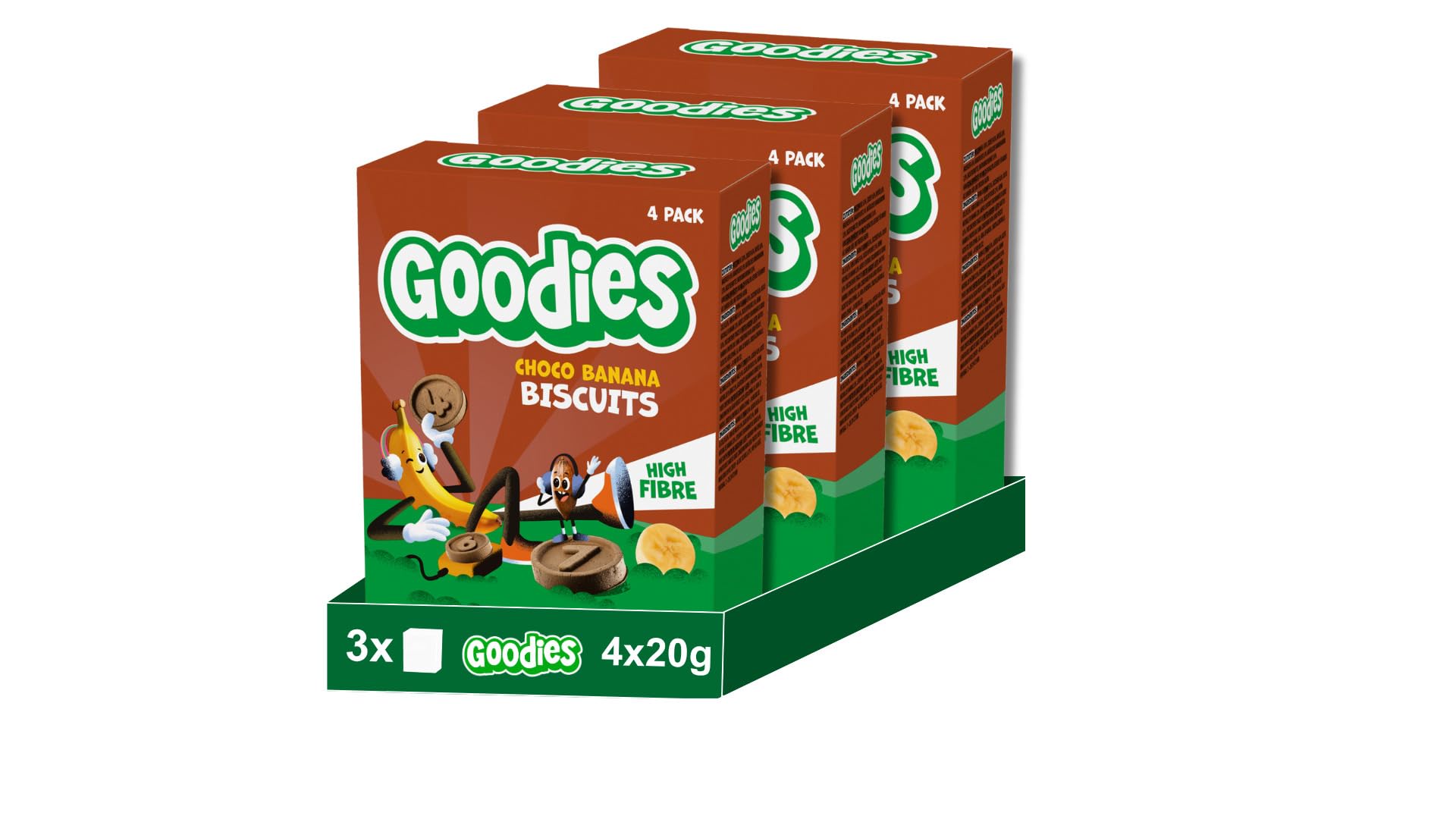 Goodies, Galletas para Niños Sabor Chocolate y Plátano, Biscuits Choco Banana Ricas en Fibra y Sin Aceite de Palma, 3 cajas 4x20g