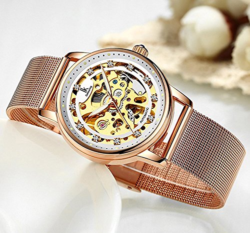 Image of Gosasa Luxury Women Automatic Mechanical Watch Gold Stainless Steel Mesh Watch Band Dress Wrist Watch