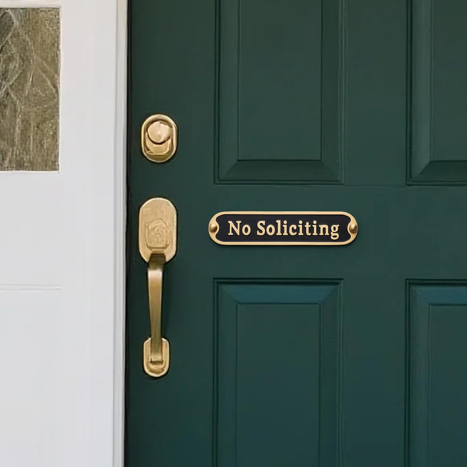 Brass No Soliciting Sign 6.5" - Brushed Matte Finish, Hidden Screws and Nanotape Adhesive, Classic Design for Front Door, Wall Decor, Home, Office, Business - Arc