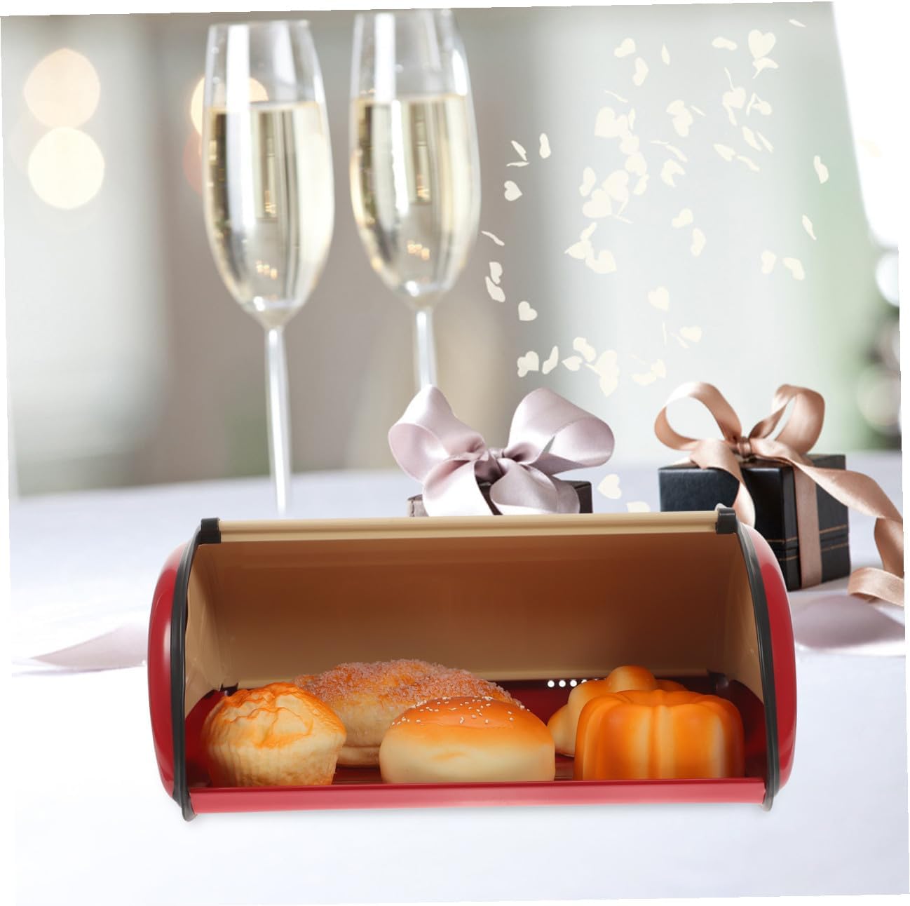 Kitchen Countertop Bread Box Red Large Vintage Drum-shaped Stainless Steel Bread Holder for Household and Restaurant