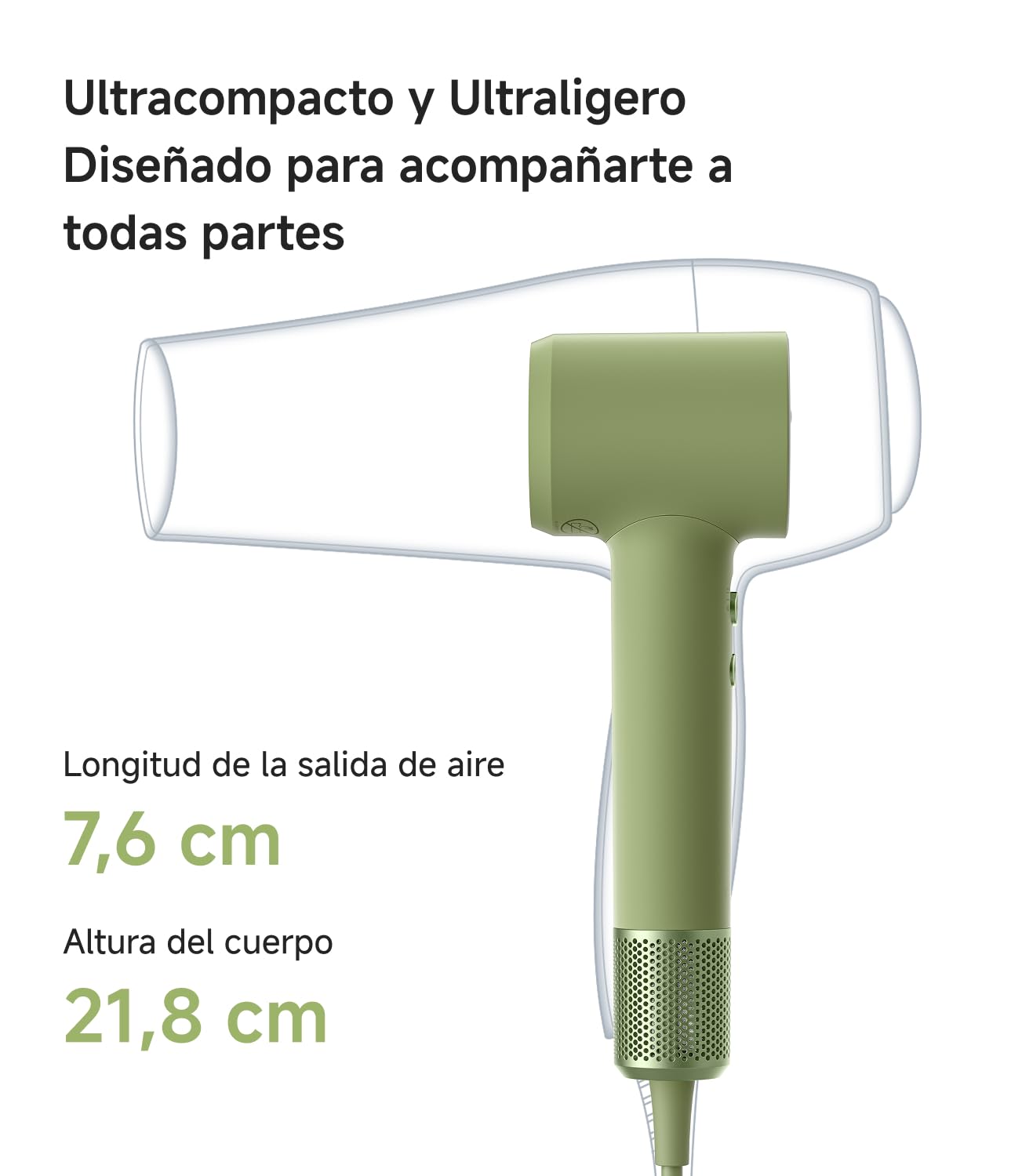 Laifen Mini Secador de Pelo de Viaje con Bolsa, 110 000 rpm, 299g, Verde | 110.000 rpm, Secador de Viaje Iónico, 200 Millones de Iones Negativos, 61 dB, Incluye Funda Protectora