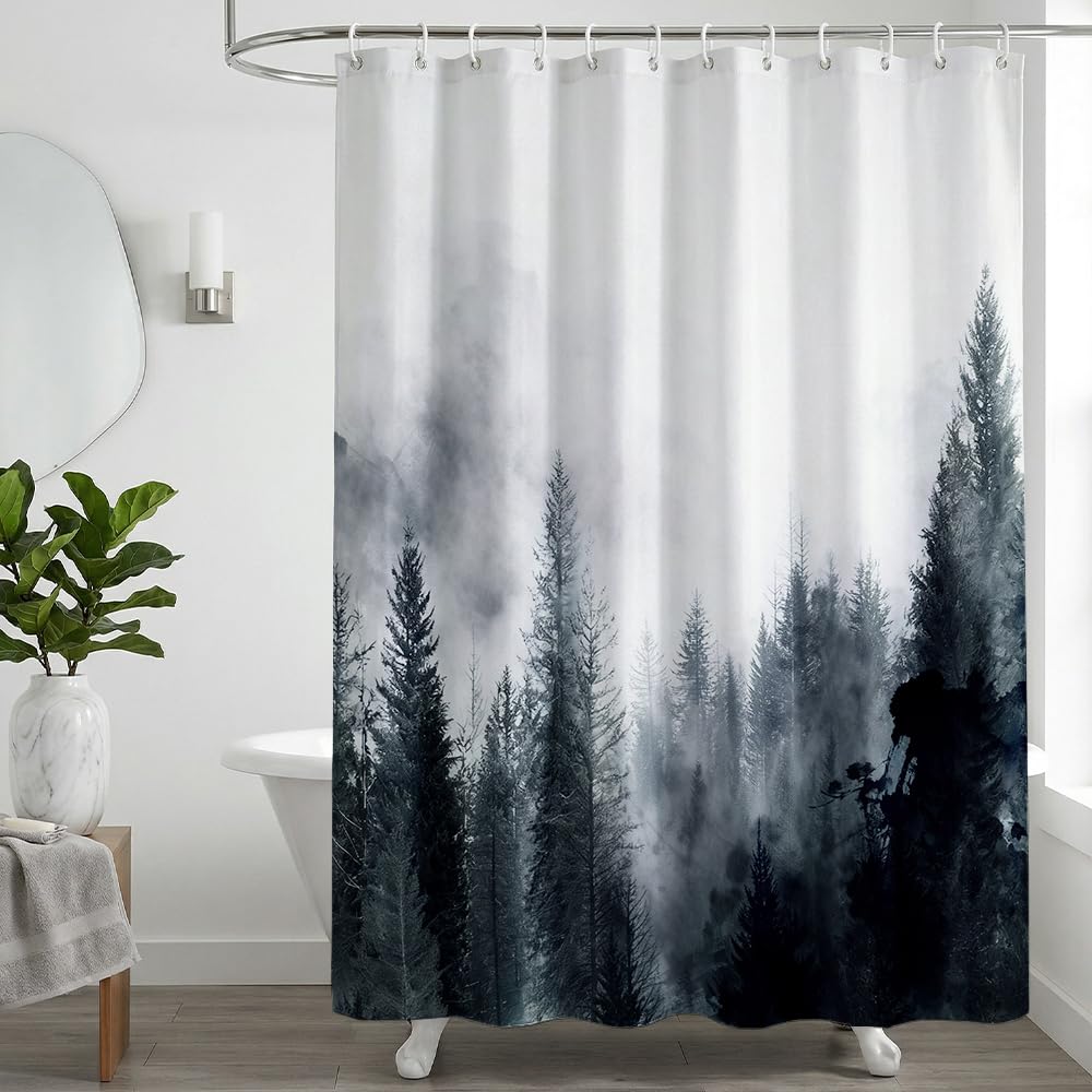 Rohxyzo Washable Shower Curtain with Hooks, Wet Room Shower Curtain 180 x 180 cm, Ink Art Misty Forest Print, Polyester Fabric Shower Curtains for Bathroom - Includes 12 Hooks โ image 1