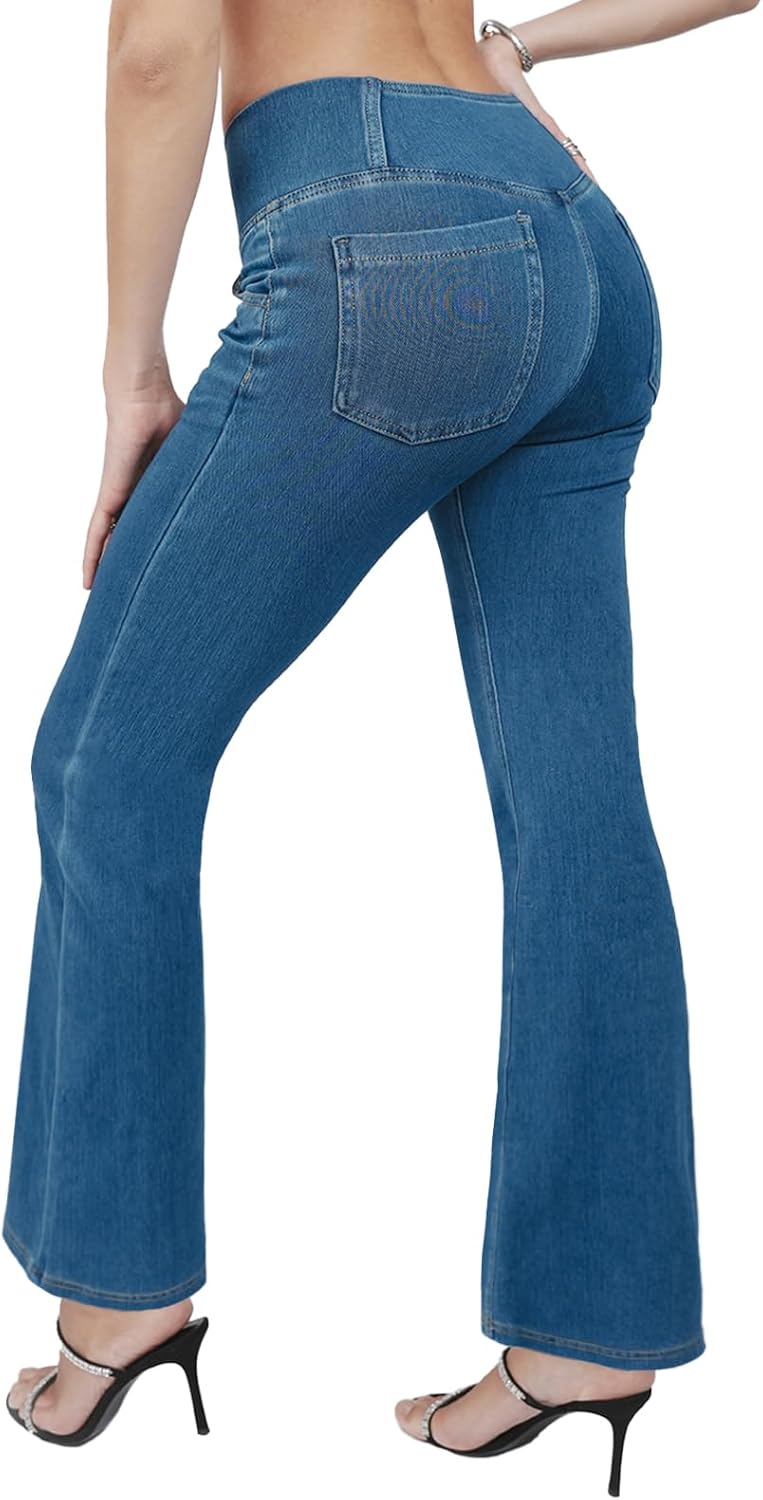 Flare Bell Bottom Jeans for Women High Waisted V Cross Stretchy Leggings with Pockets Tummy Control Trendy Pull On Jeans