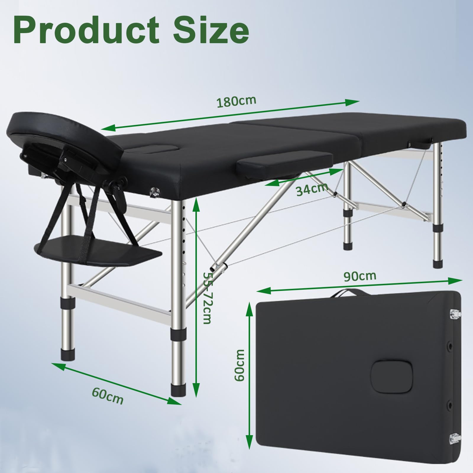 swiftrans Foldable Massage Bed Portable Lash Table Beauty Bed Professional Salon Spa Table Aluminum 60 cm Width 2 Section Black