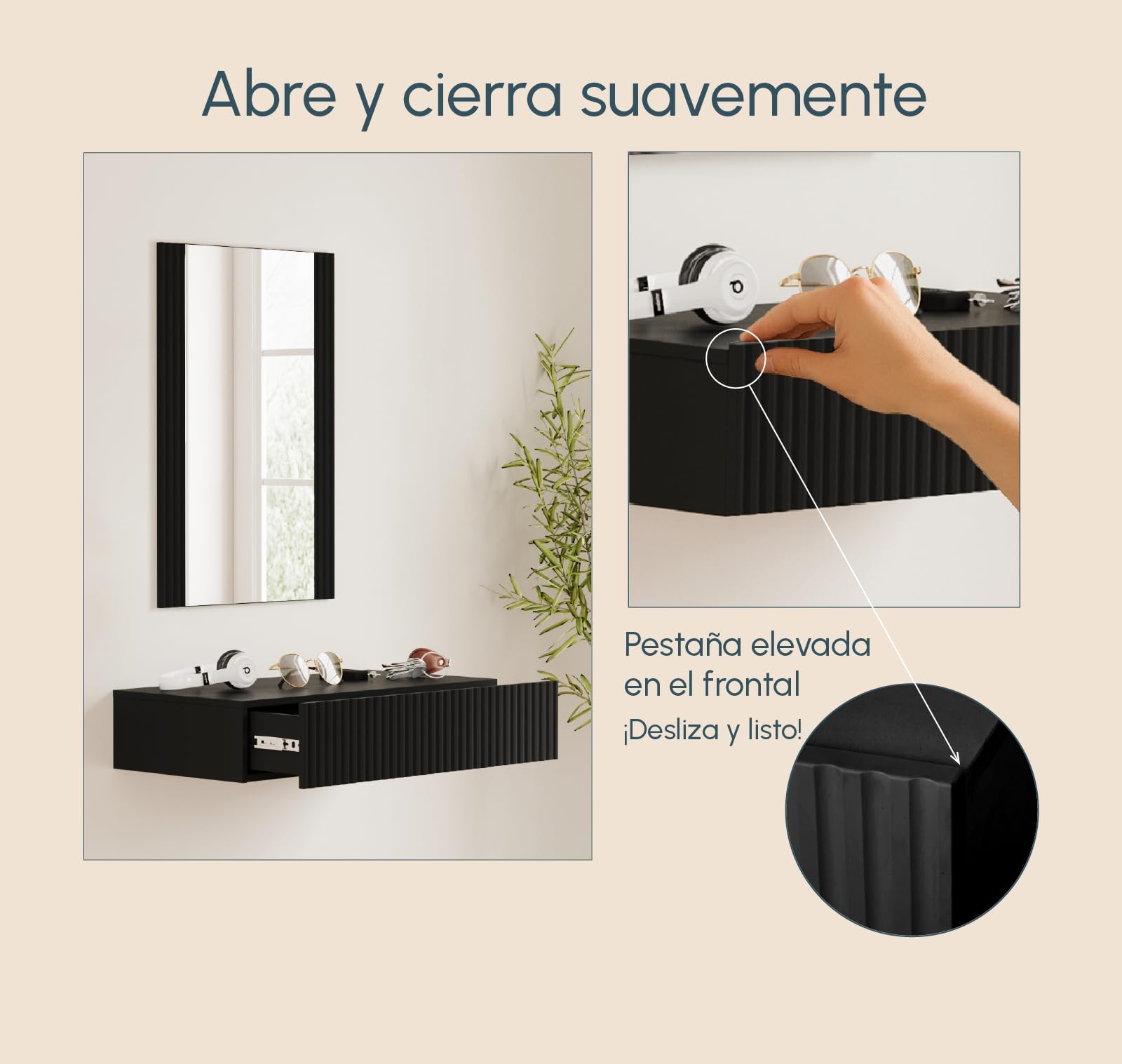 MB Muebles Bonitos, Recibidor Colgante con Espejo Amira, Mueble de Entrada con Cajón y Diseño Acanalado, Melamina y PVC, Color Negro, Ideal para Entradas y Pasillos