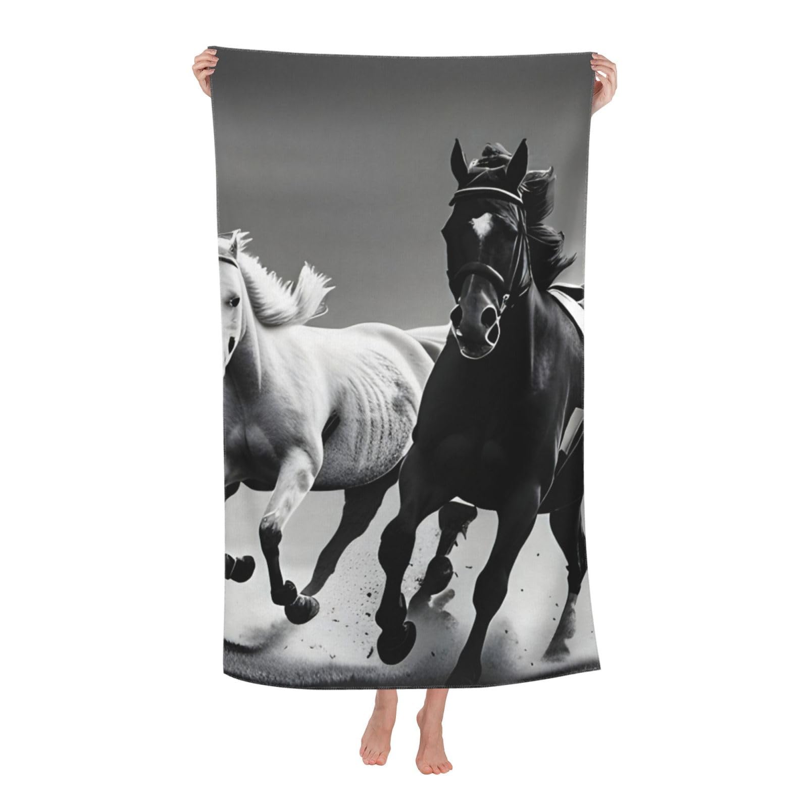 NImongt Black And White Horses Running Print Oversized Adult Beach Towel For Travel Weekend Getaways Festivals Camping Trips