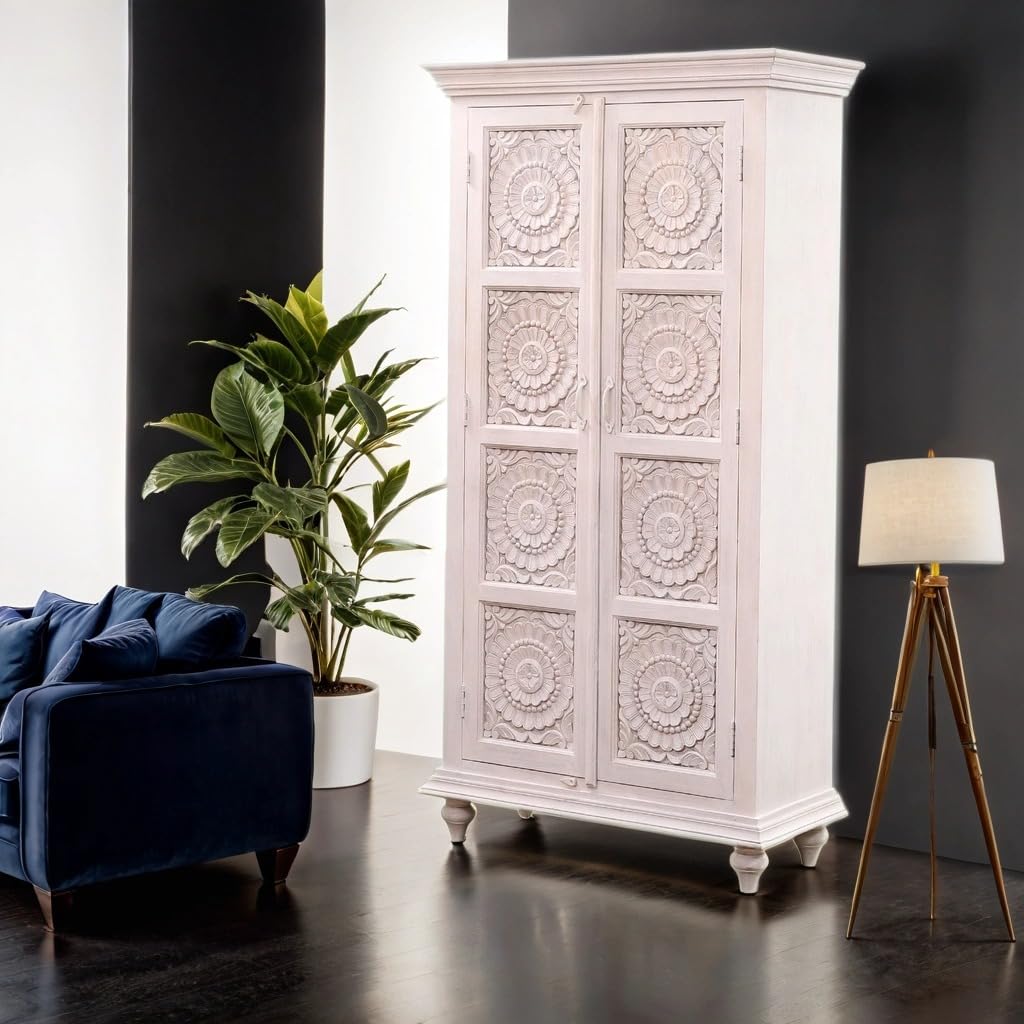 Marrakech Boho Armario en blanco de madera maciza, 185 cm, armario multiusos Haifir para salón, pasillo y dormitorio como muebles orientales, archivador para la oficina