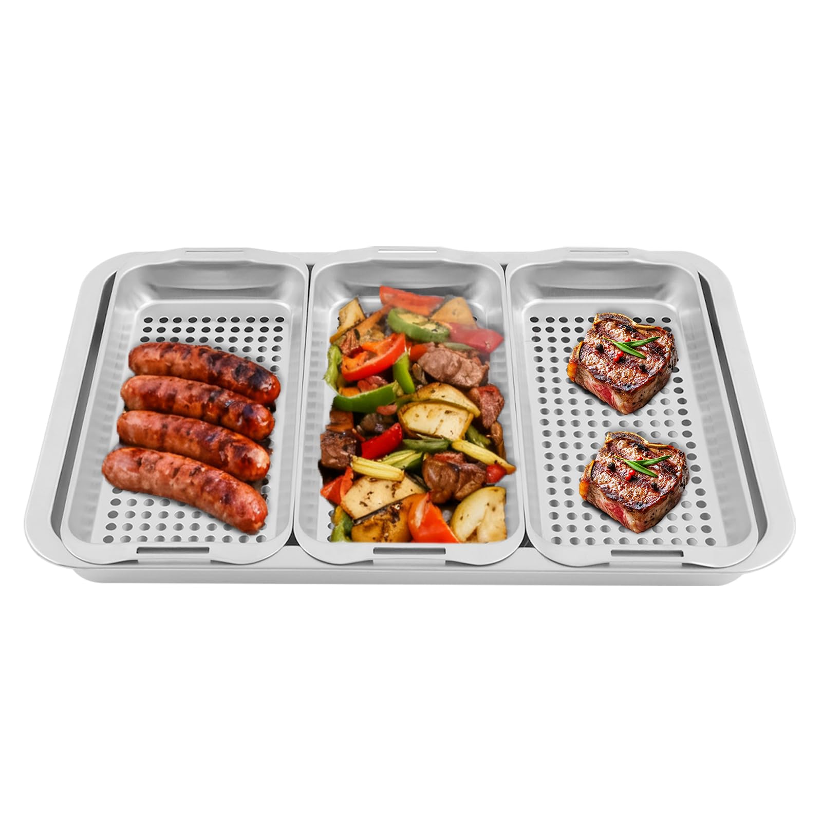 Set di ciotole per barbecue in acciaio inox, 42,2 x 28,2 x 4,3 cm, padella in acciaio inox con cestello, per cucina, terrazze, esterni