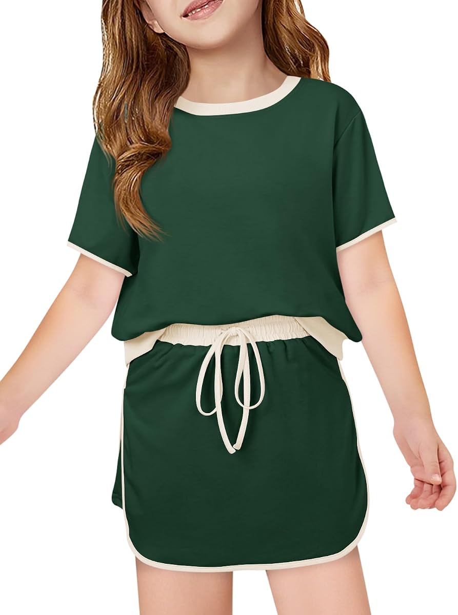 Haloumoning Conjunto de falda de 2 piezas para niñas, camisetas de manga corta y falda pantalón con cordón y bolsillos, trajes de verano