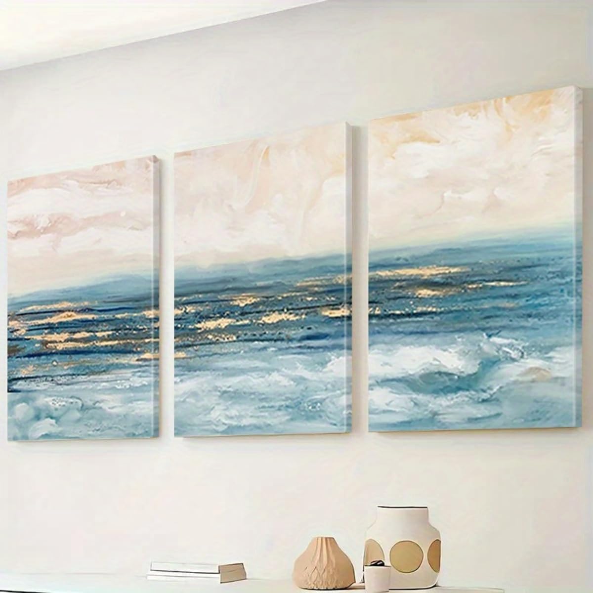 YIdhDCgj Cuadros abstractos de paisajes marinos en lienzo, juego de 3 piezas, imágenes costeras modernas, decoración de pared, arte de pared estético de gran tamaño (30x40cm x 3 / Marco interno)