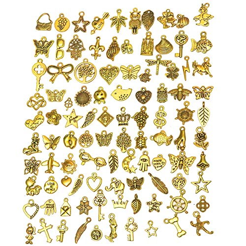 Lot de 100 breloques rétro en argent - Pendentifs en vrac - Accessoires d'artisanat en alliage pour la fabrication de bijoux, bracelets, colliers, porte-clés, or antique Cover