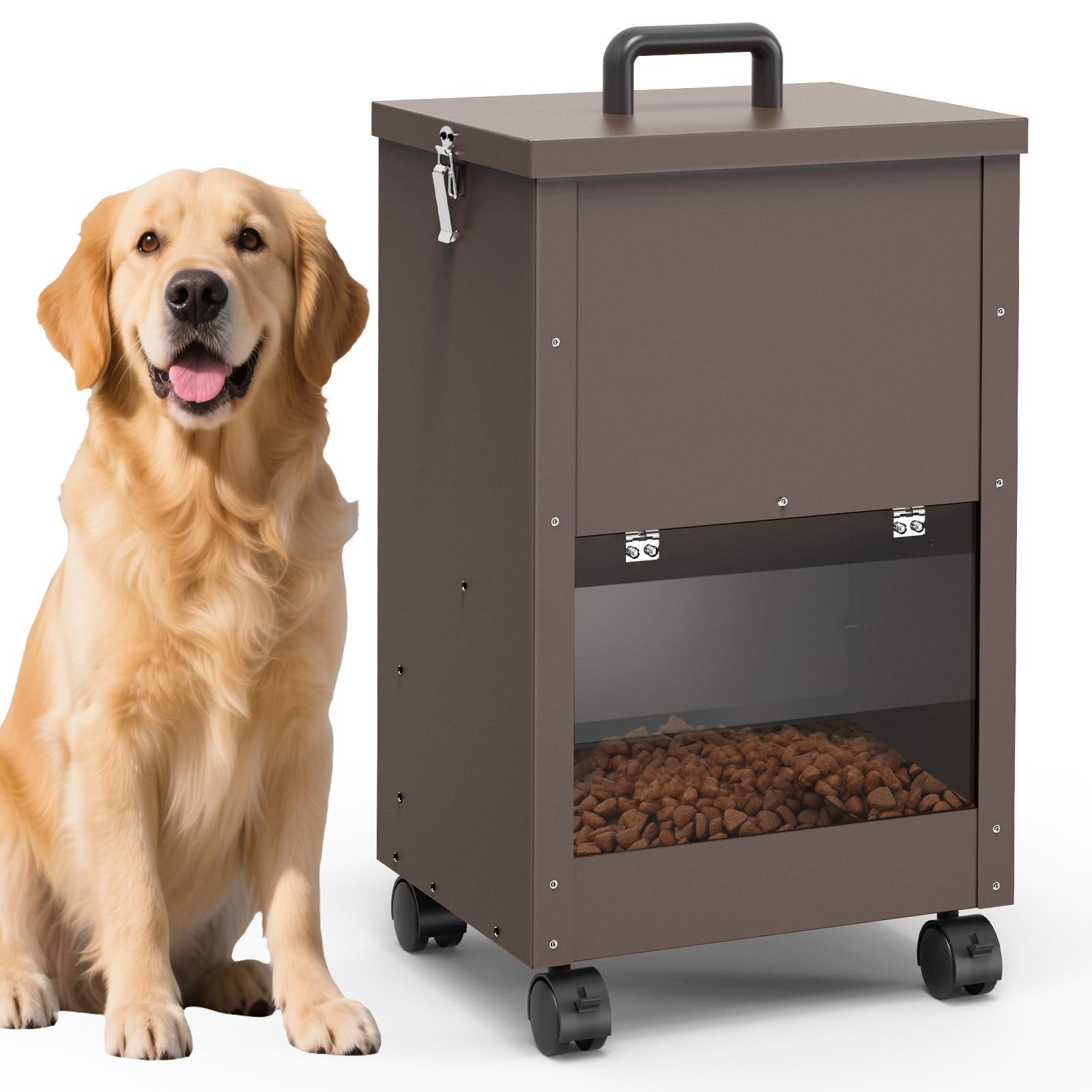 Alimentatore Automatico Per Cani Galvanizzato Per Razze Di Grandi Dimensioni, Distributore Di Cibo Per Cani Da 40L Con Ruote Per Grandi, Alimentatore A Gravità Per Cibo Per Metallico Brun