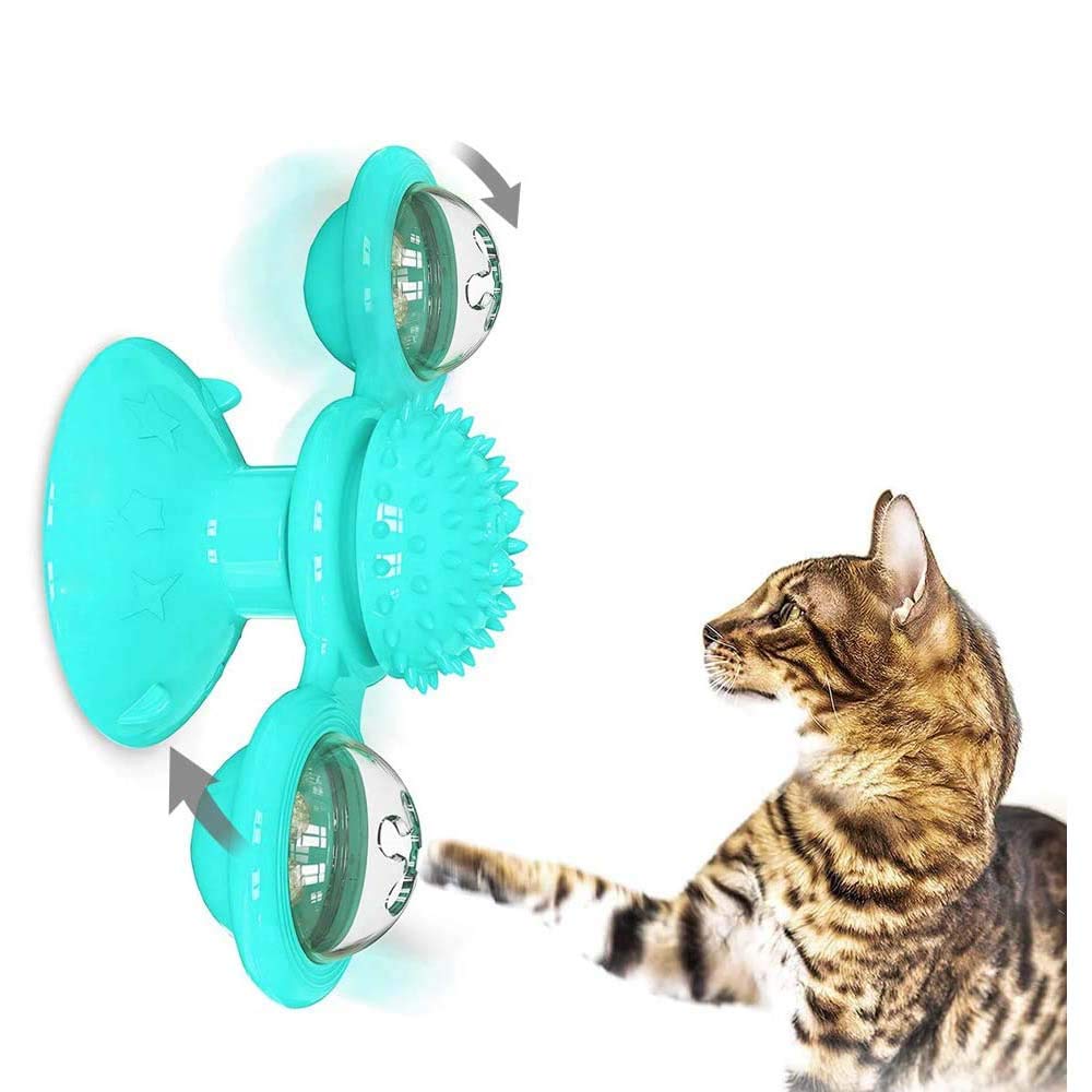 NICO SEE WONDERWindmill Cat Toy Turntable Teasing Interactive Cat Toys for Indoor Cats with Suction Cup Scratching Tickle Cats Hair Brush Funny Kitten Toys Green