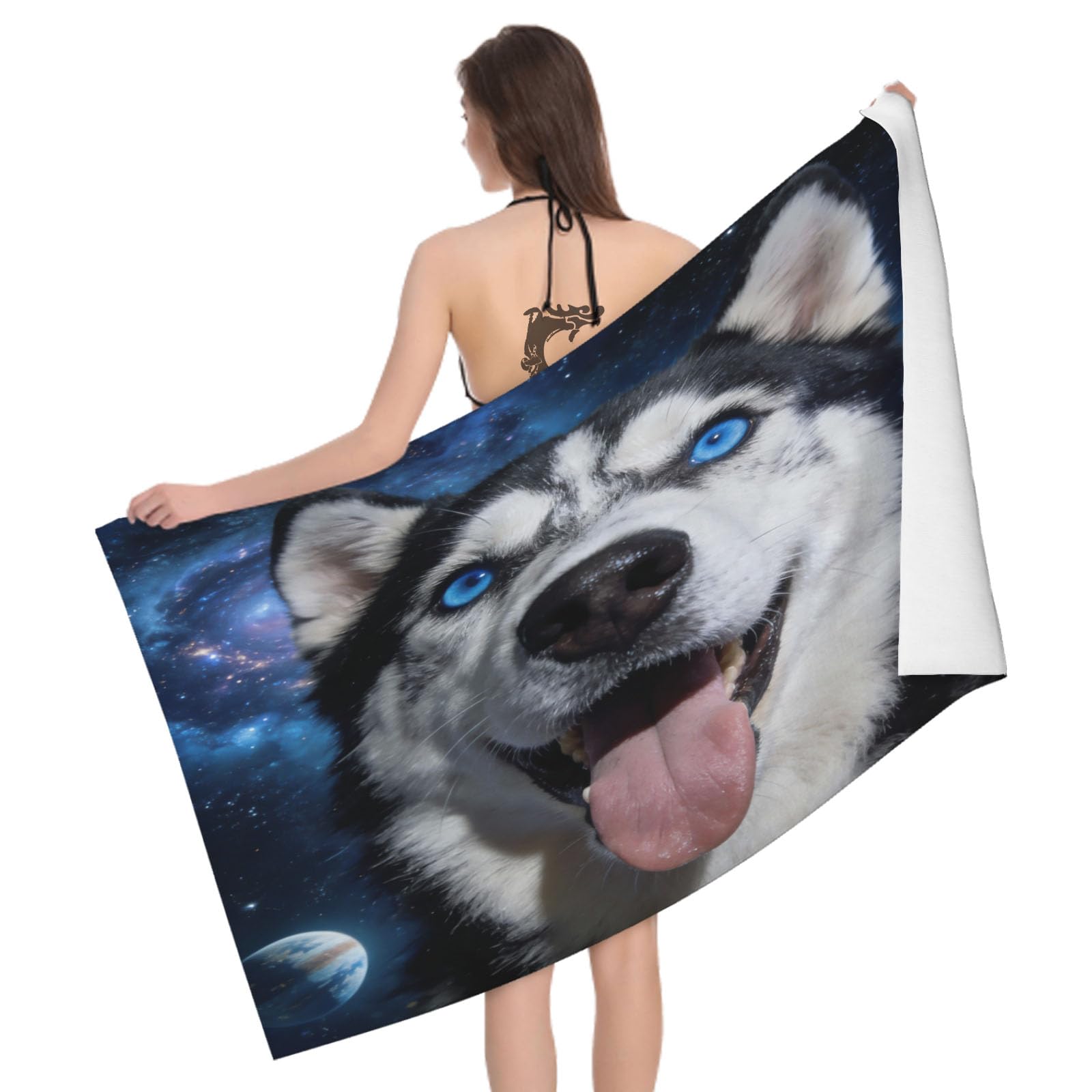 Leichong 3D Siberian Husky Beach Towel Large Microfiber Soft Quick Dry for Adults, Pet Dog Bath Towel Lightweight Soft Absorbent for Travel Swimming Pool Sports, 180 x 90 cm