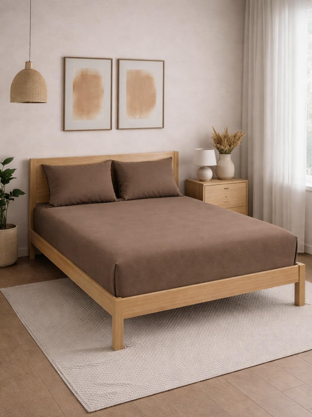 THE HOME STYLE Solid Plain Cotton Feel Fitted Bedsheet King Size (72x78 inches) | 2 Pillow Covers | 300 TC | Elastic Fit | Fits Upto 8 Inch Mattress (Coco)