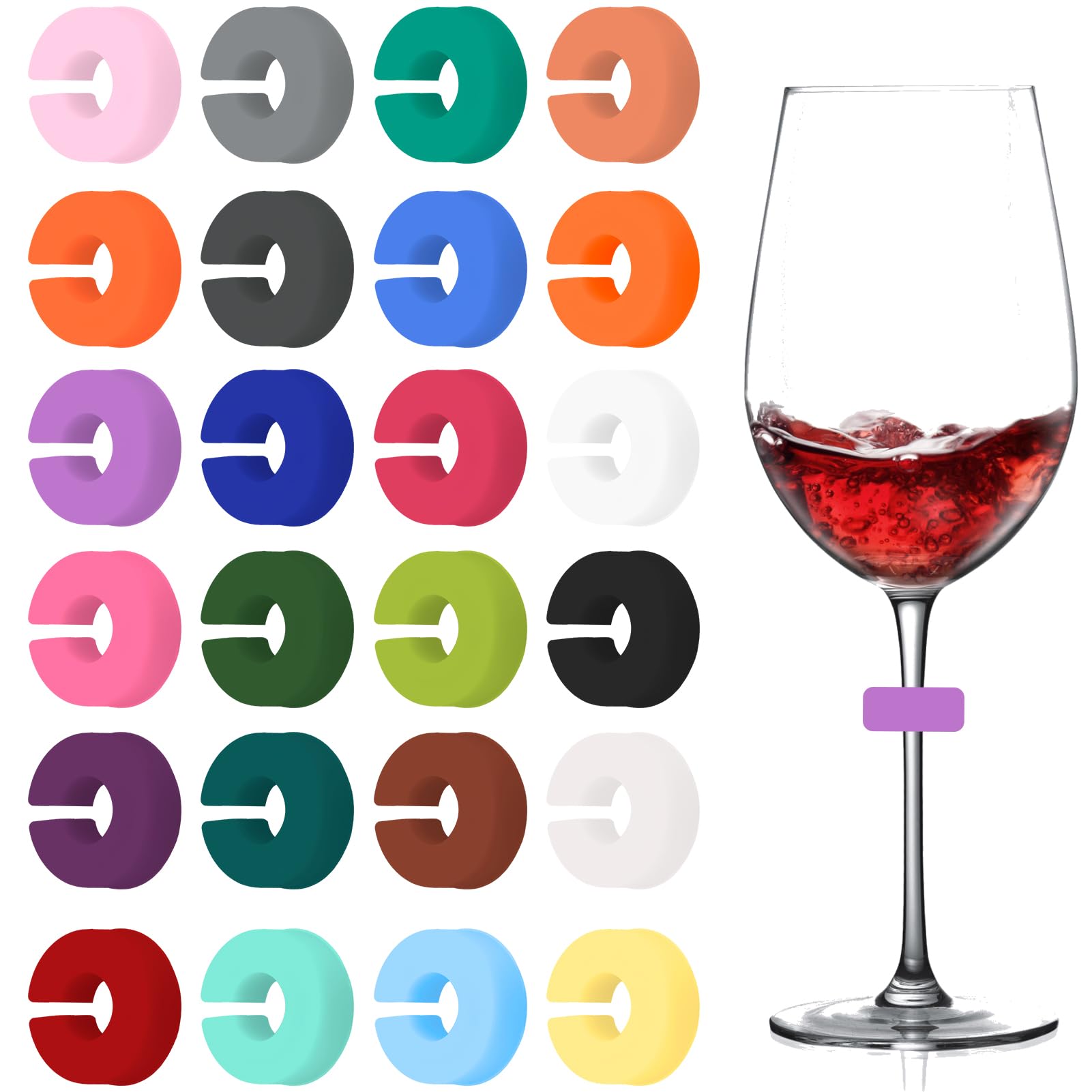 Fogbush Glazen markeerder, siliconen, 24 stuks, glasmarkering, drinkglazen, glasmarkers, C-vormige markeringsring, cocktaildecoratie, markeerder voor wijn, glas en fles, feestdecoratie, Geige