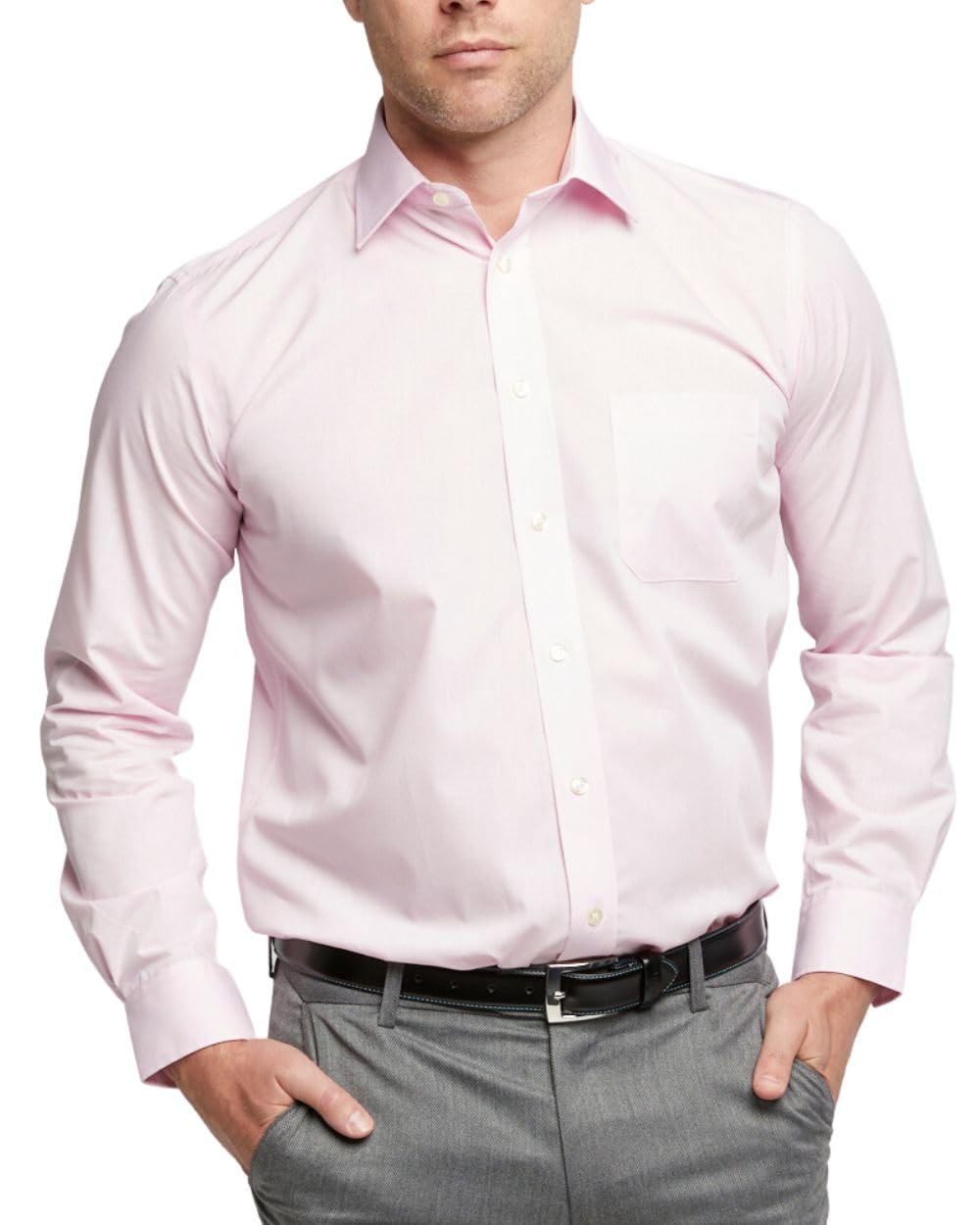 Double Two Men's Pink - Dress Shirt - Easy-Care, Long Sleeve, Business Casual - Classic Fit - Formal Shirt With Pocket, 17.5" Collar