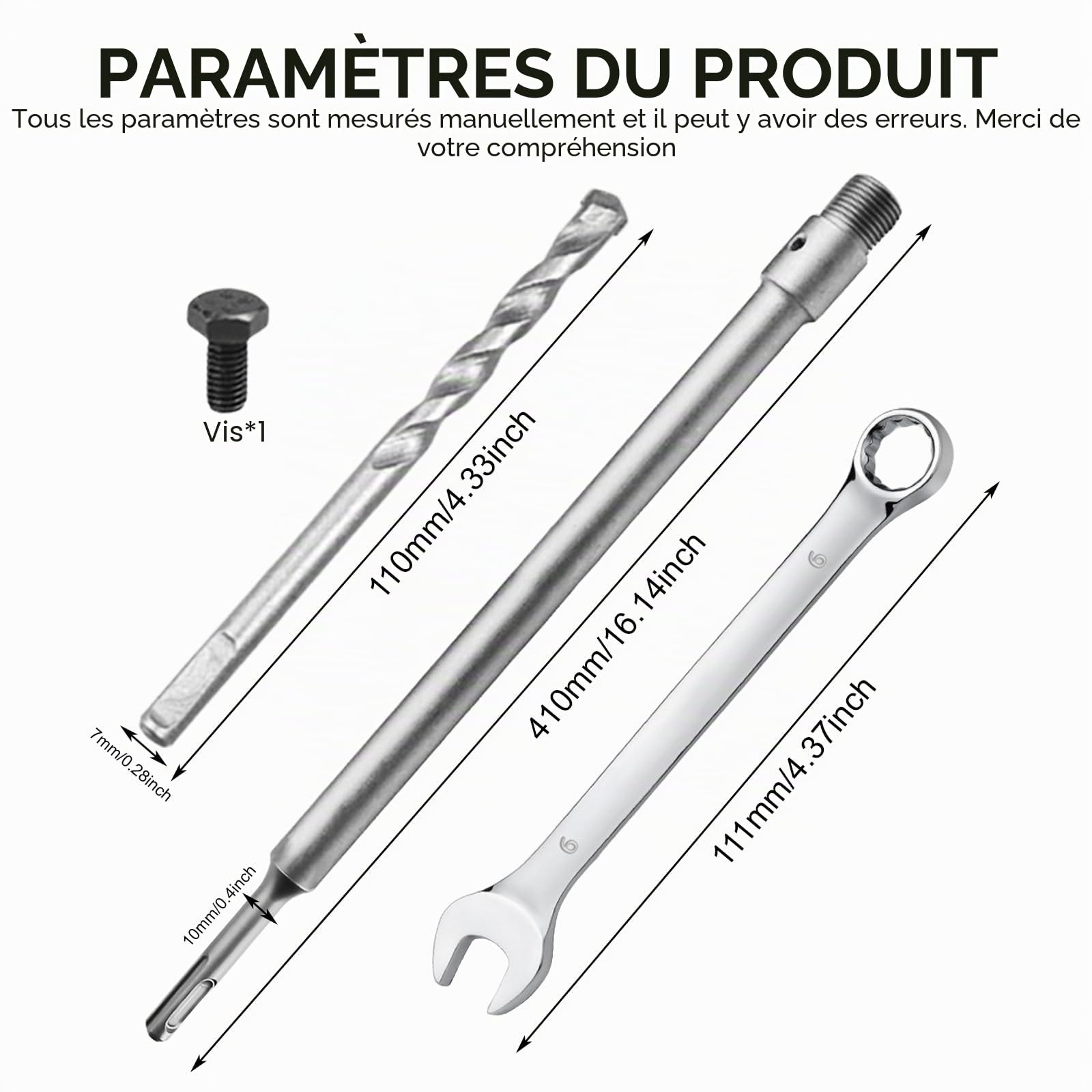 PORFOYO, Tige d'extension pour couronnes, 410 mm, SDS Plus, M22 x 2,0 mm, foret de centrage, vis de fixation
