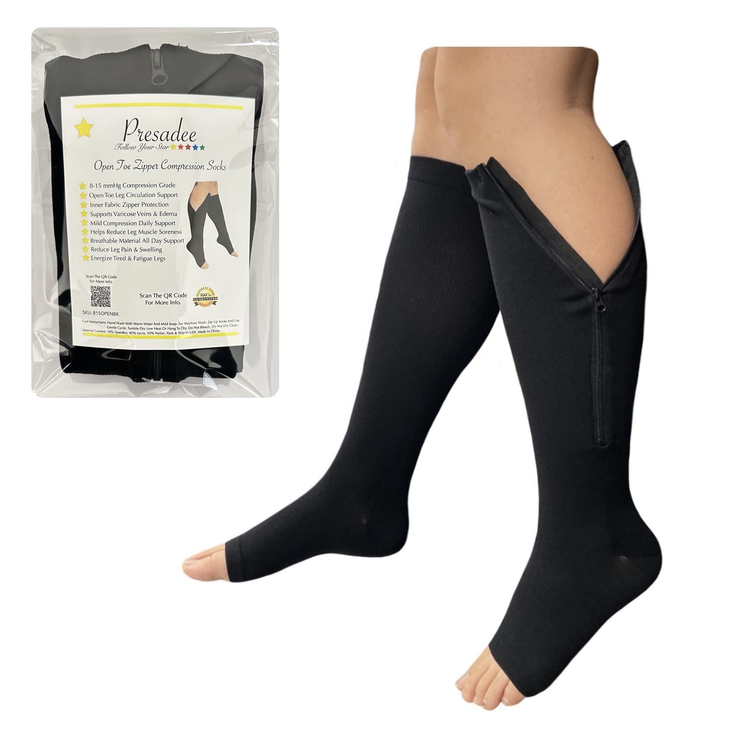 Presadee Open Toe 8-15 mmHg Mild Compression Leg Calf Circulations Zipper Socks
