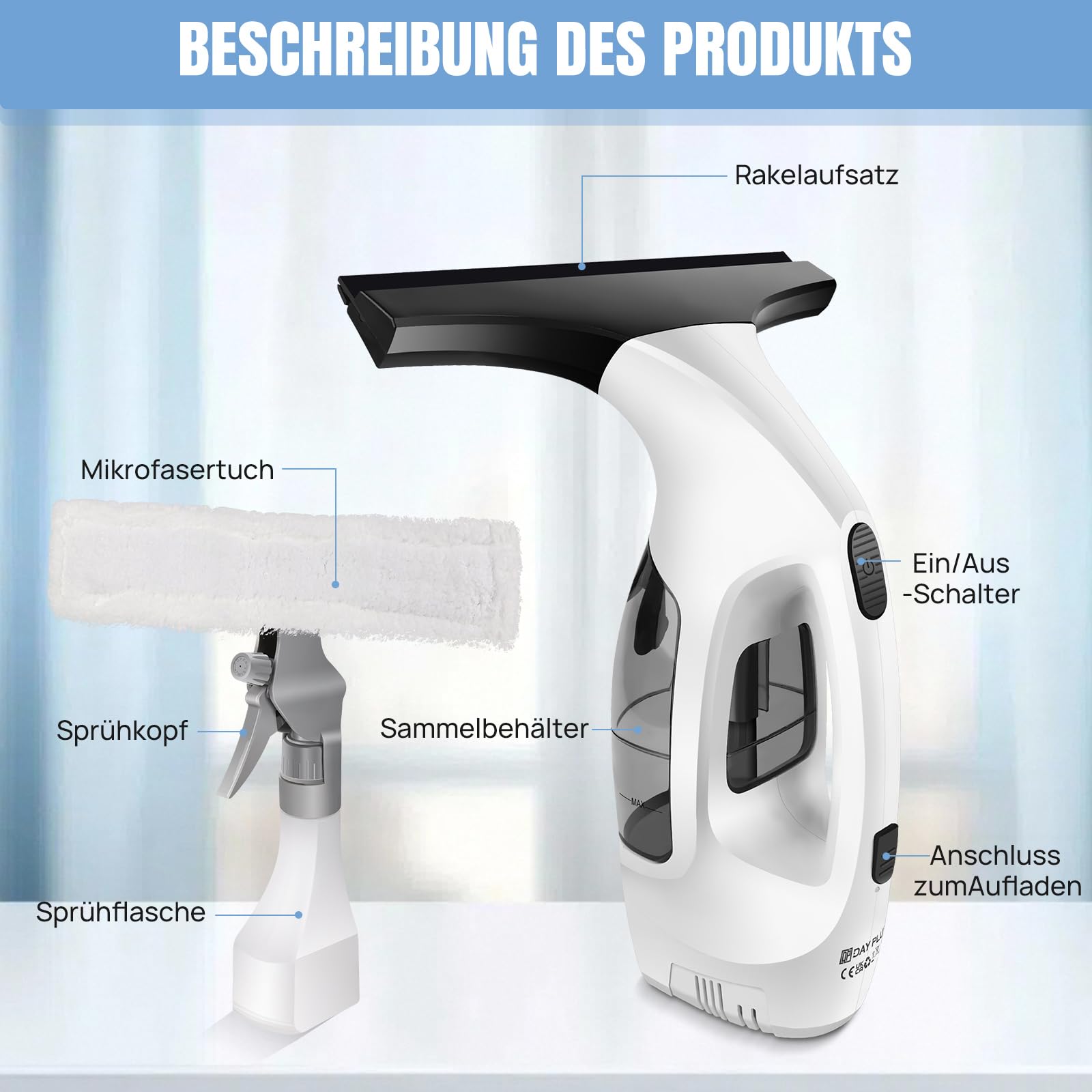 Akku Fenstersauger | Elektrischer Glasreiniger mit 2,0 KPA Saugkraft | 150 ml Wassertank & 28 cm Gummischaber | Für Fenster, Spiegel, Fliesen & mehr | Kabellos & IPX4 wassergeschützt