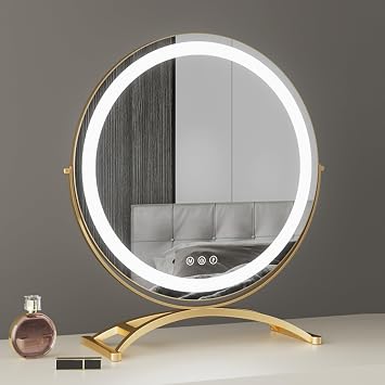 Round LED Vanity Mirror with Lights, Lighted Tabletop Makeup Mirror with 360  Rotation Stand, Freestanding Dressing Table Mirror 3-Color Smart Touch Screen, Gold Light Up Mirror