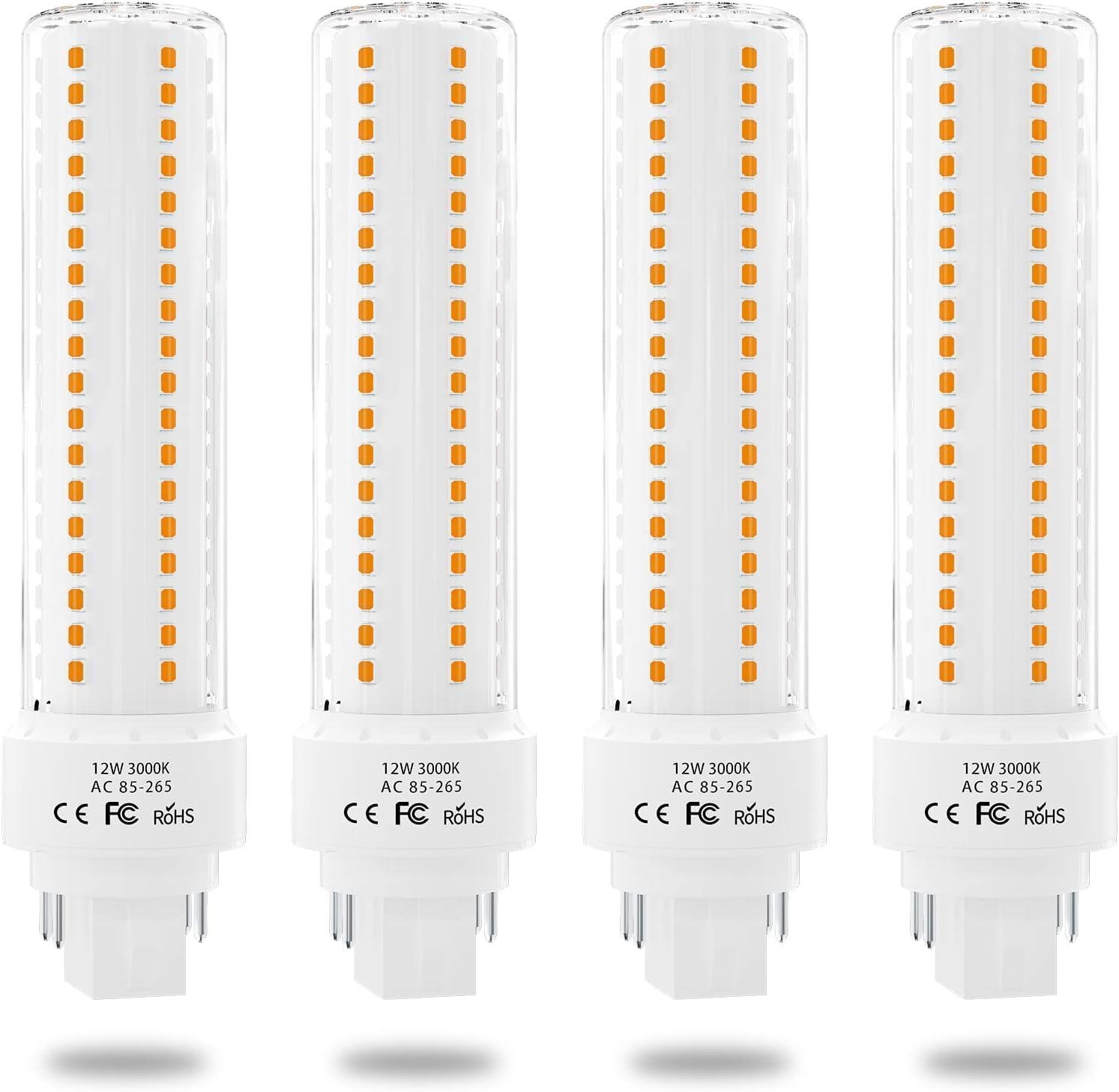 Gx24 4-Pin Base LED Bulb, 12W G24q PL-C Horizontal Recessed Light 26W CFL Lamp Equivalent for Kitchen Light Pendant Lamp Dining Room, Warm White 3000K, 4-Pack (Remove/Bypass The Ballast)