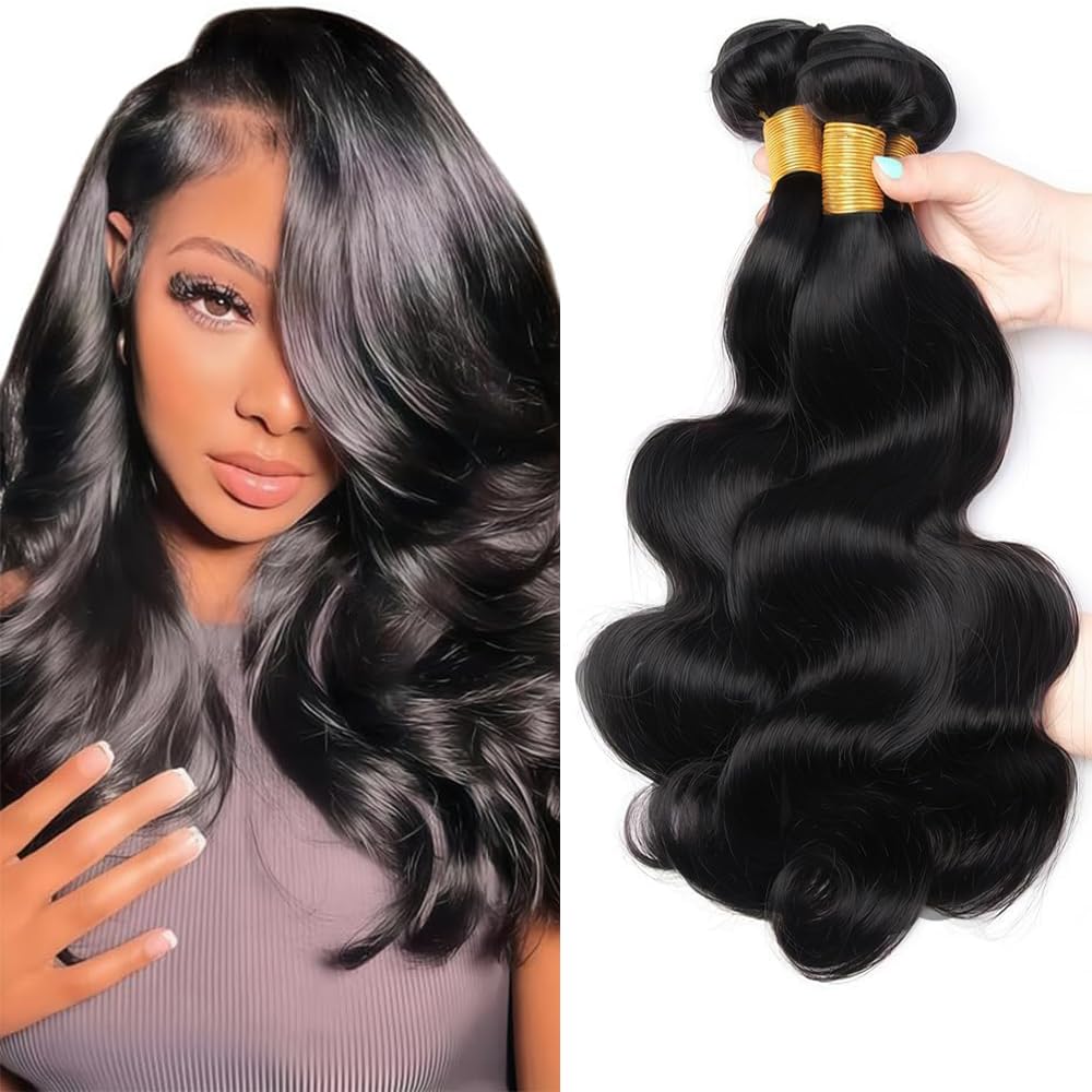 Human Hair Bundles Menschliche Haarverlängerung #1B Natural Black Color Body Wave Echthaar Tressen Human Hair Extension 3 Bundles Totaling 300 Grams 20 22 24 Zoll