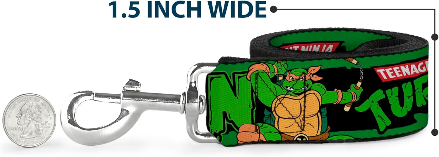Buckle-Down Pet Leash - Classic TMNT Logo/Group Pose5/LEAN MEAN & GREEN - 4 Feet Long - 1.5" Wide