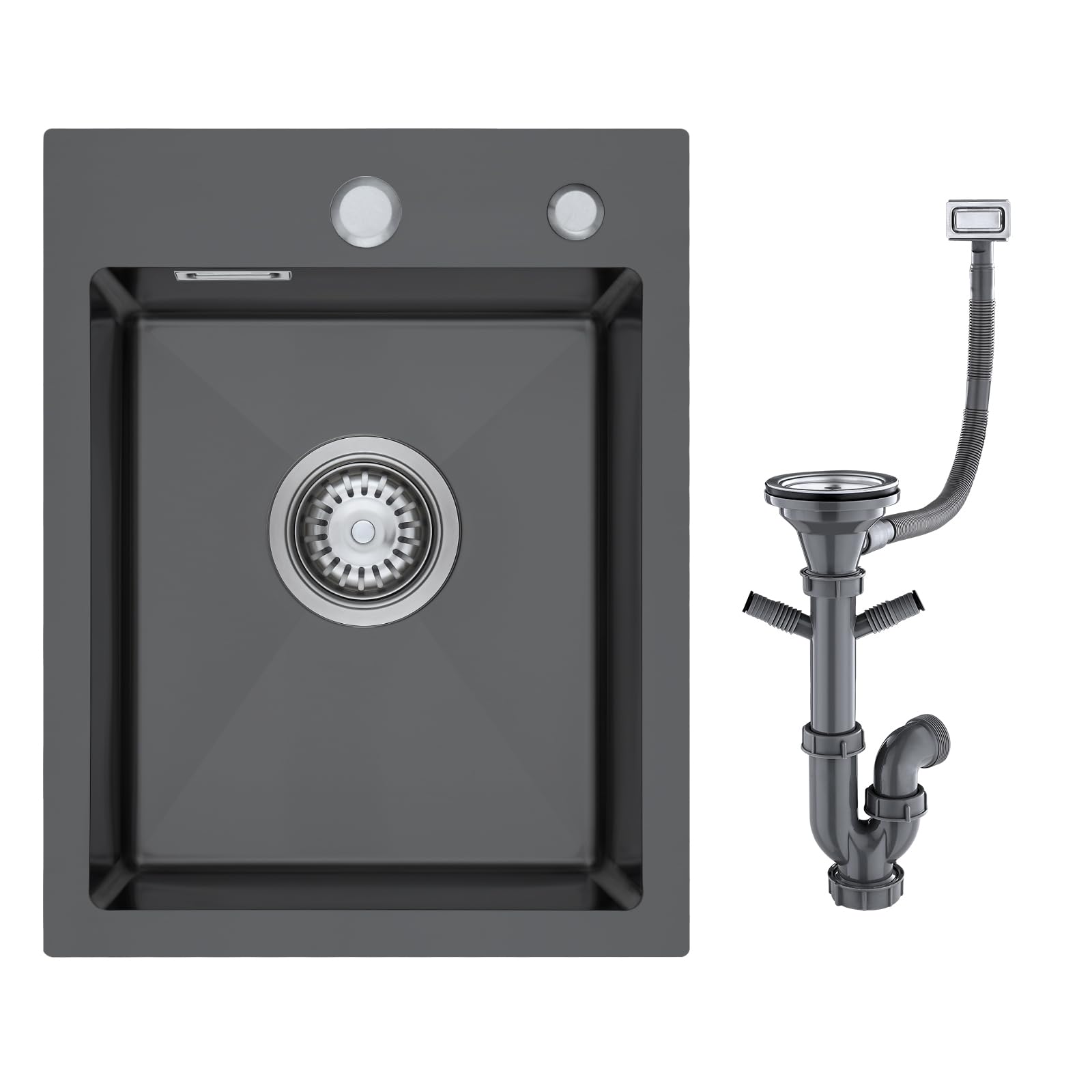 KINKIBOS 304 Stainless Steel Sink 40 x 45 cm, Small Kitchen Sink, Topmount Sinks with Tap Hole and Overflow (Without Drain Pipe), 1 Bowl, Grey-Black