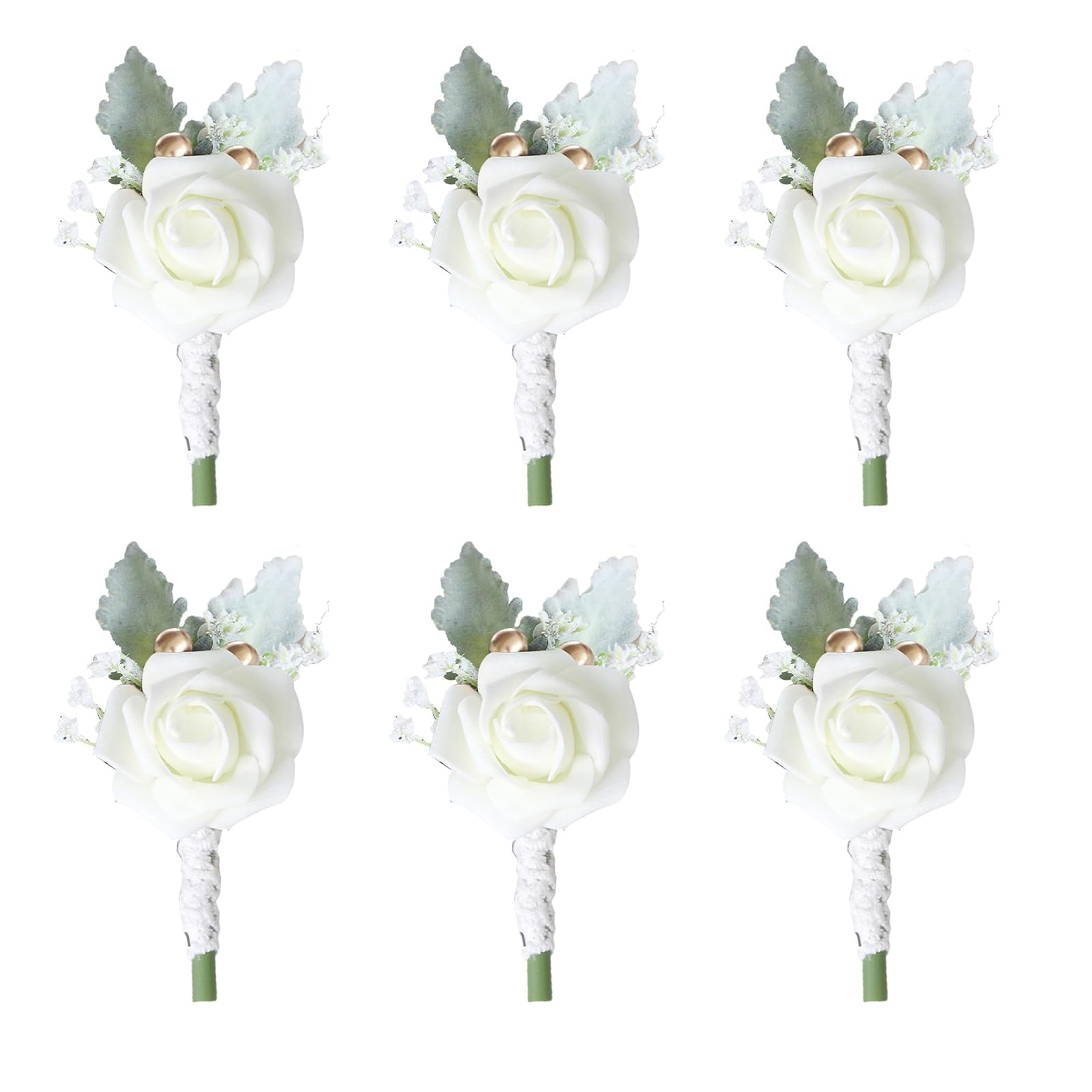 BRYER 6Pcs Boutonnieres For Weddings, Wedding Buttonholes Flowers, Artificial Rose Corsage With Pin 6pcs Bridal Groom Wedding Flowers,White