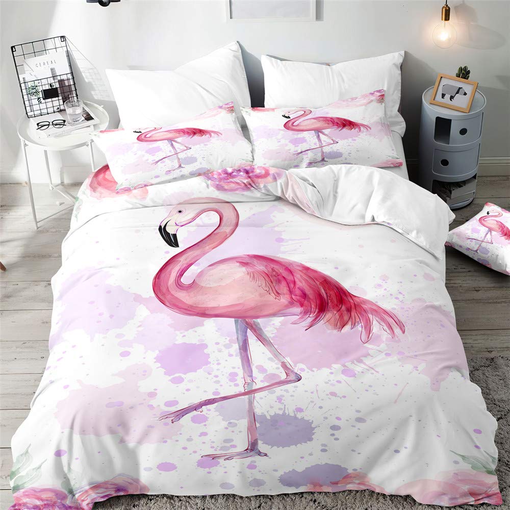 Morbuy Boys Watercolor Purple Flamingo Duvet Cover Set For Single Double Super King Size Bed, 3D Printed Microfiber Bedding Sets Duvet Set With Pillowcases And Quilt Case (,Double-200X200cm)