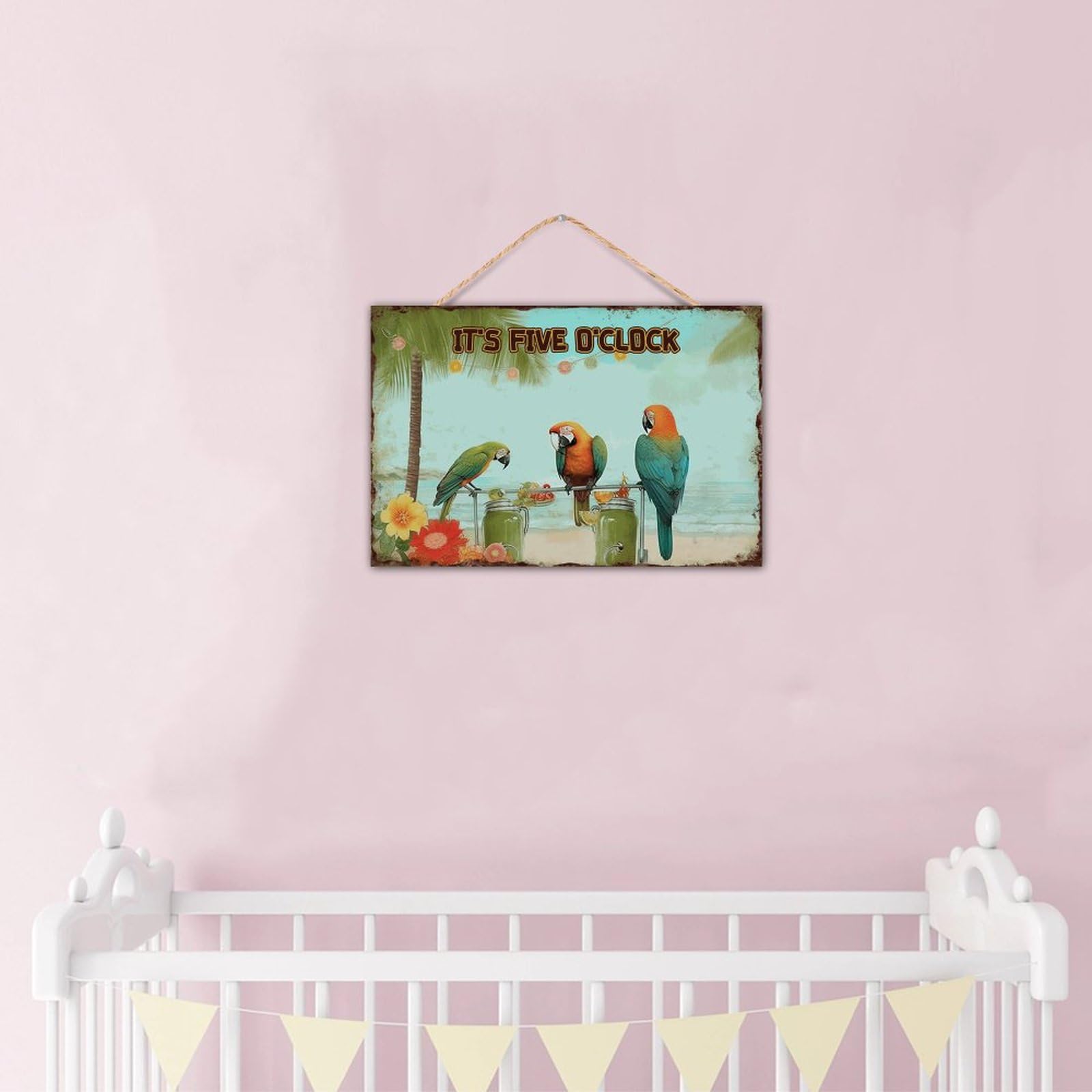 Targa in metallo con scritta It's Five O'clock Somewhere, 20,3 x 30,5 cm, per esterni, stile vintage, portico, cancello, casa, decorazione da parete, in alluminio, con pappagallo, fiori, spiaggia