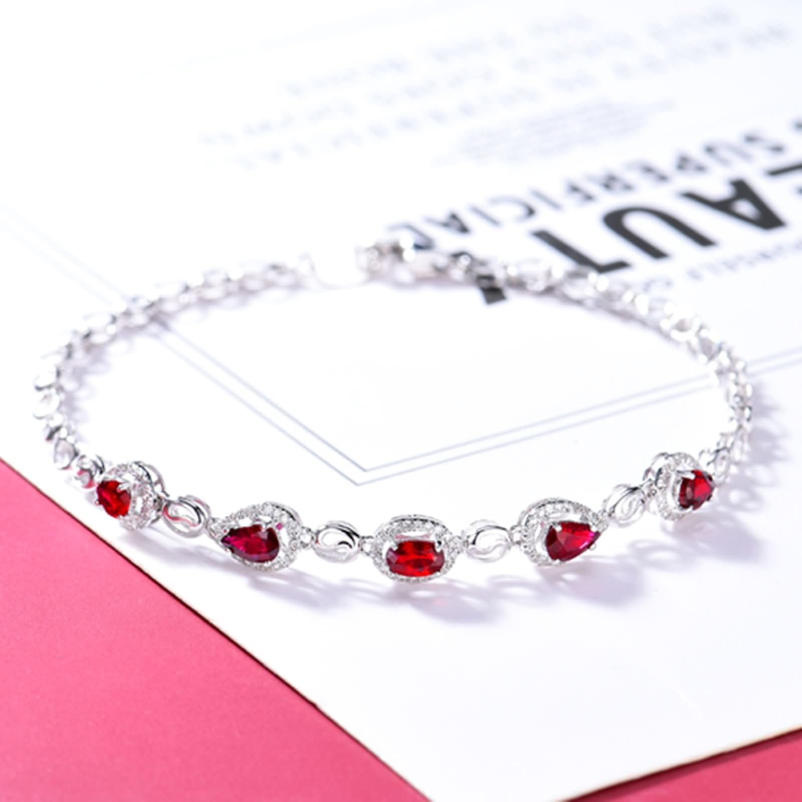 Pulsera Oro Blanco Mujer 9Kilates / 14Kilates / 18Kilates, Gota de Agua y Oval con Rubí Creado de 1,2 ct y Diamante, Cadena Extensible 16 CM + 5 CM, Pulsera Ajustable Mujer Cadena Plata Rojo