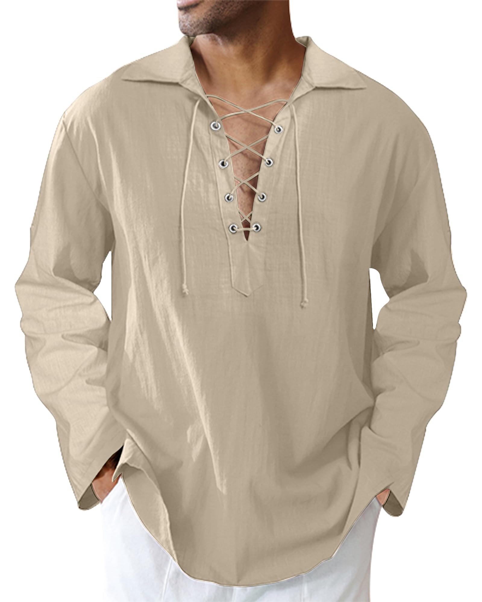 LVCBL Camisa medieval para hombre, disfraz de vikingo, camisa de lino, manga larga, camisa pirata, M-3XL