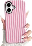 NITITOP Compatible with iPhone 16 Case Matte Cute Vertical Stripes for Women Girls Men Boy Striped Pattern Hybrid 2 Layers Back Shockproof Protective Cover - Pink