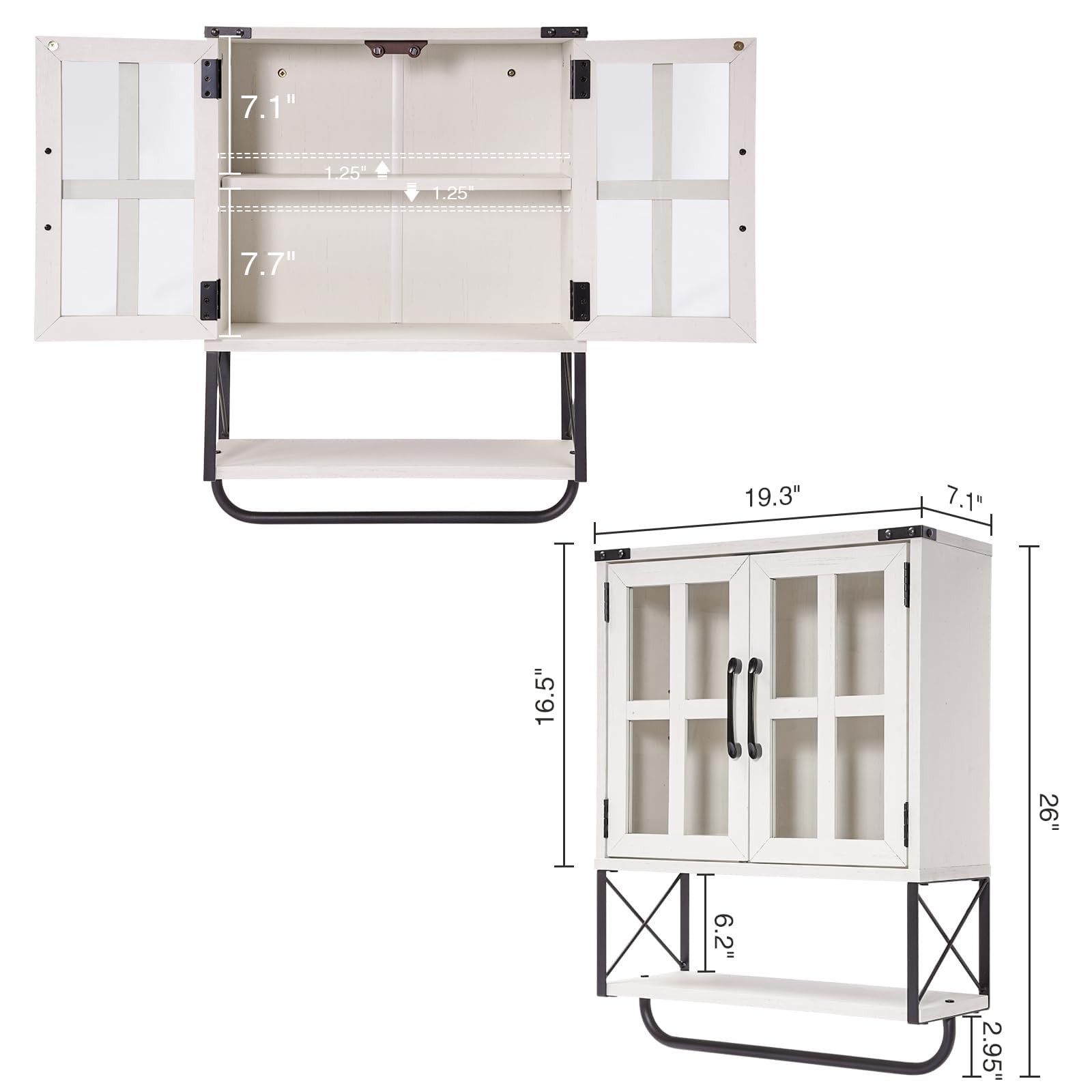 RUSTOWN Gabinete de medicina de granja con puertas de cristal cruzadas, armario de almacenamiento de pared de madera, armario de baño rústico de 3 niveles con estantes ajustables y barra de toalla